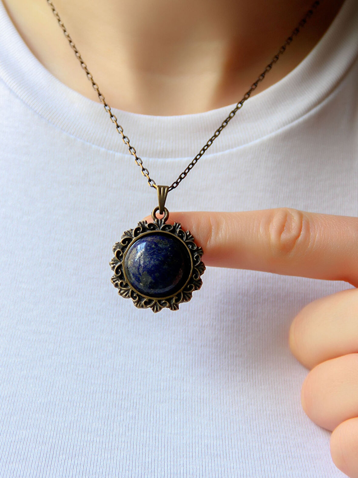 Doğal Taş Lapis Doğal Taşlı Desenli Otantik Kadın Kolye 45 Cm Zincirli euk28lps
