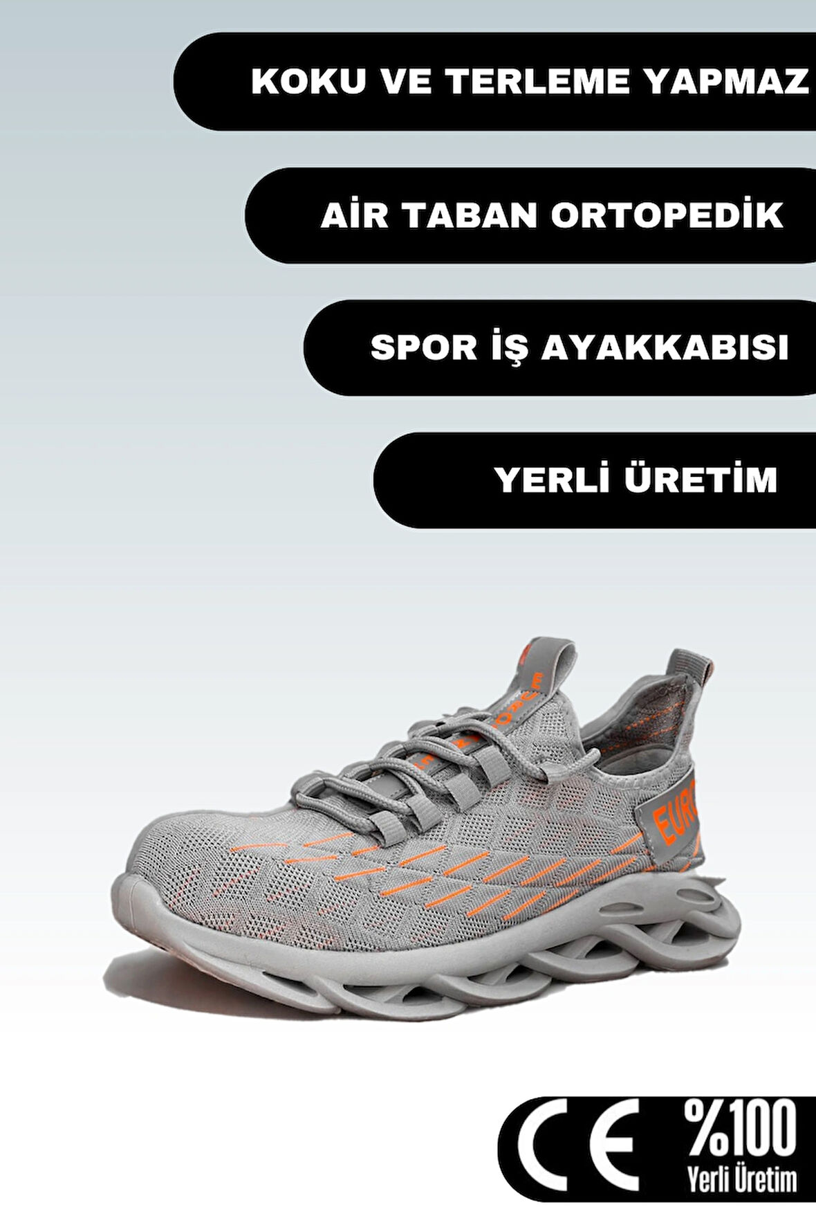 Eurosantex Spor İş Ayakkabısı Air Taban Ortopedik Çelik Burunlu İş Ayakkabısı Gri