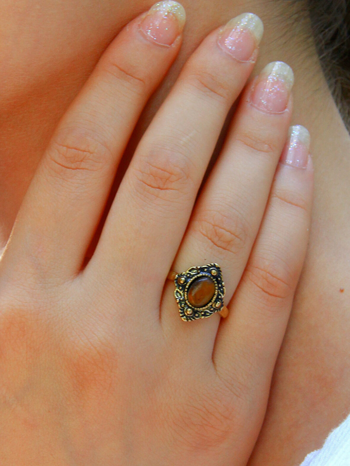 Doğal Taş Kaplangözü Doğal Taşlı Antik Ayarlanabilir Kadın Yüzük euy20kg