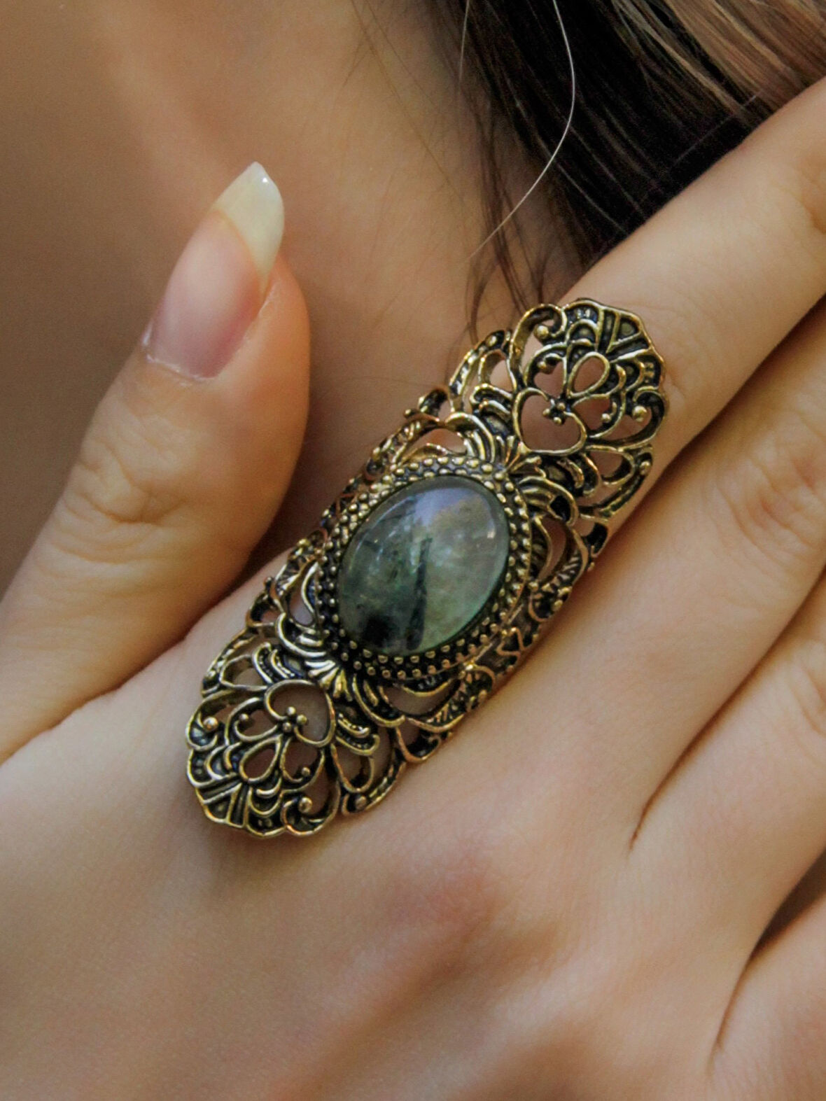 Doğal Taş Prehnit Doğal Taşlı Antik Ayarlanabilir Kadın Yüzük euy45pr