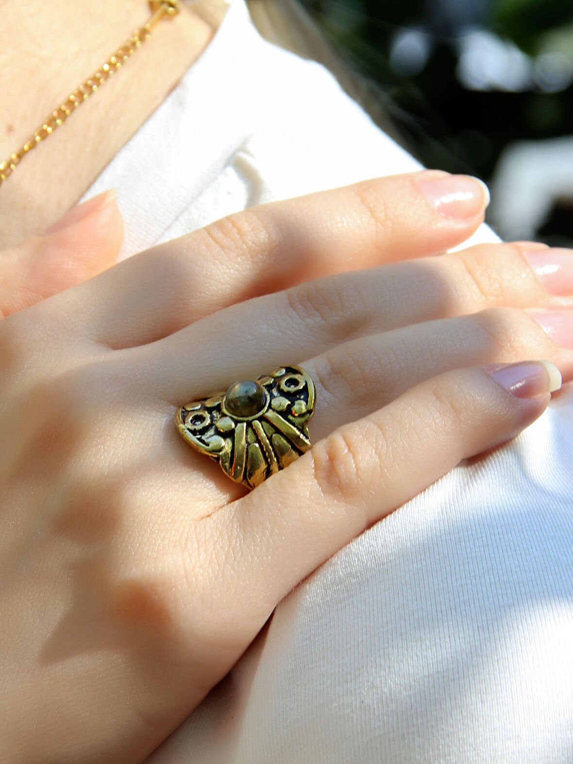 Doğal Taş Labradorit Minimal Doğal Taşlı Kadın Antik Ayarlanabilir Yüzük euy57lbt