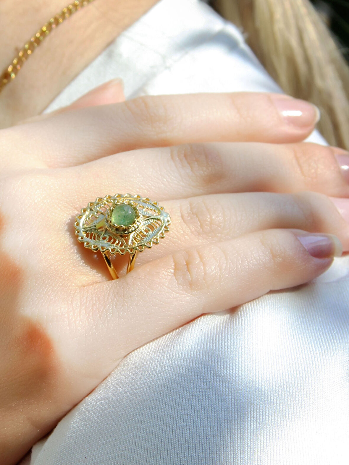 Doğal Taş Yeşil Akik Doğal Taşlı Telkari Modelli Kadın Ayarlanabilir Altın Kaplama Yüzük euy65yag