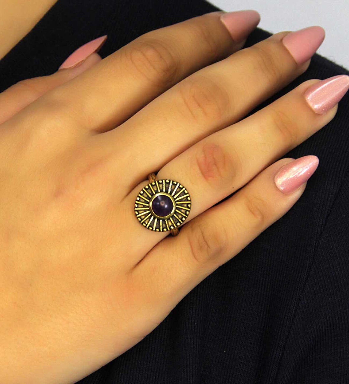 Doğal Taş Ametist Yuvarlak Doğal Taşlı Antik Model Kadın Ayarlanabillir Yüzük euy70amt