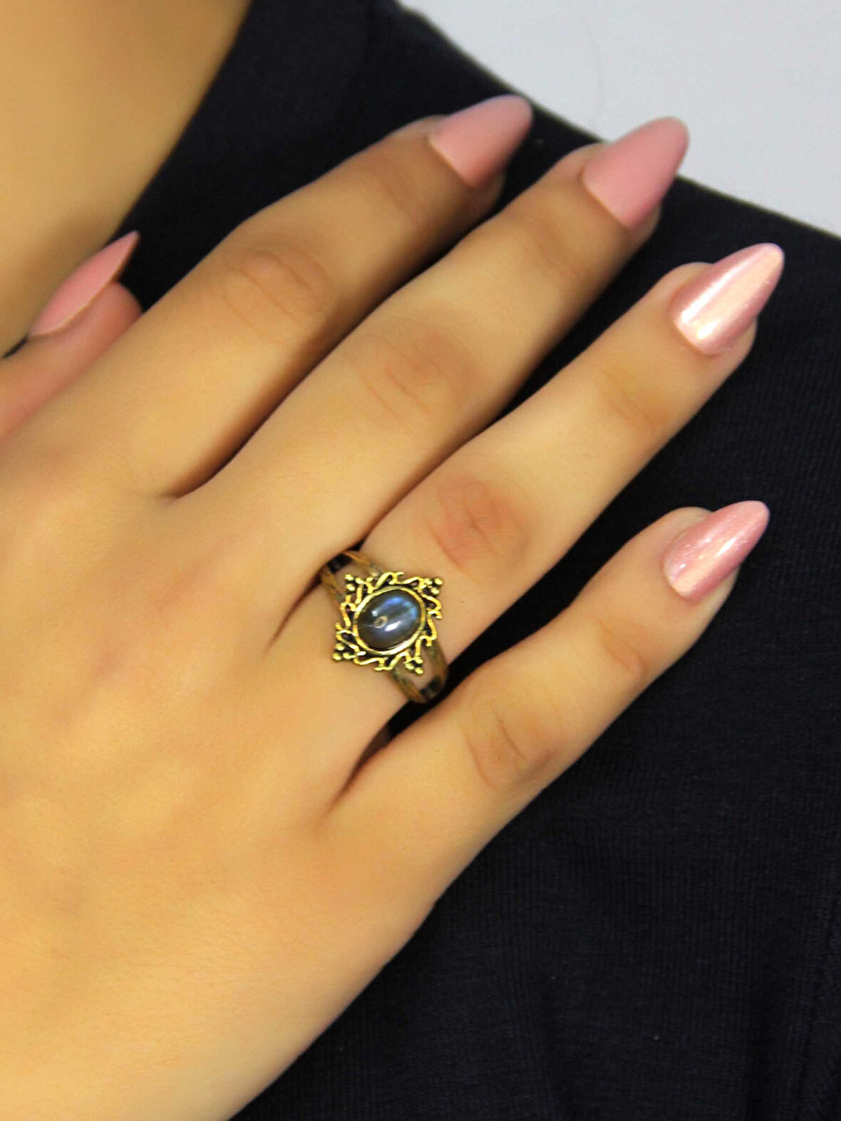 Doğal Taş Labradorit Doğal Taşlı Antik Model Kadın Ayarlanabillir Yüzük euy71lbt