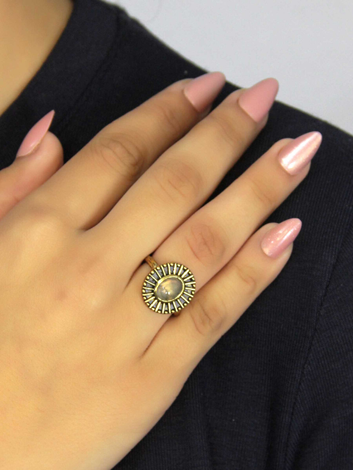 Doğal Taş Labradorit Doğal Taşlı Antik Model Kadın Ayarlanabillir Yüzük euy74lbt