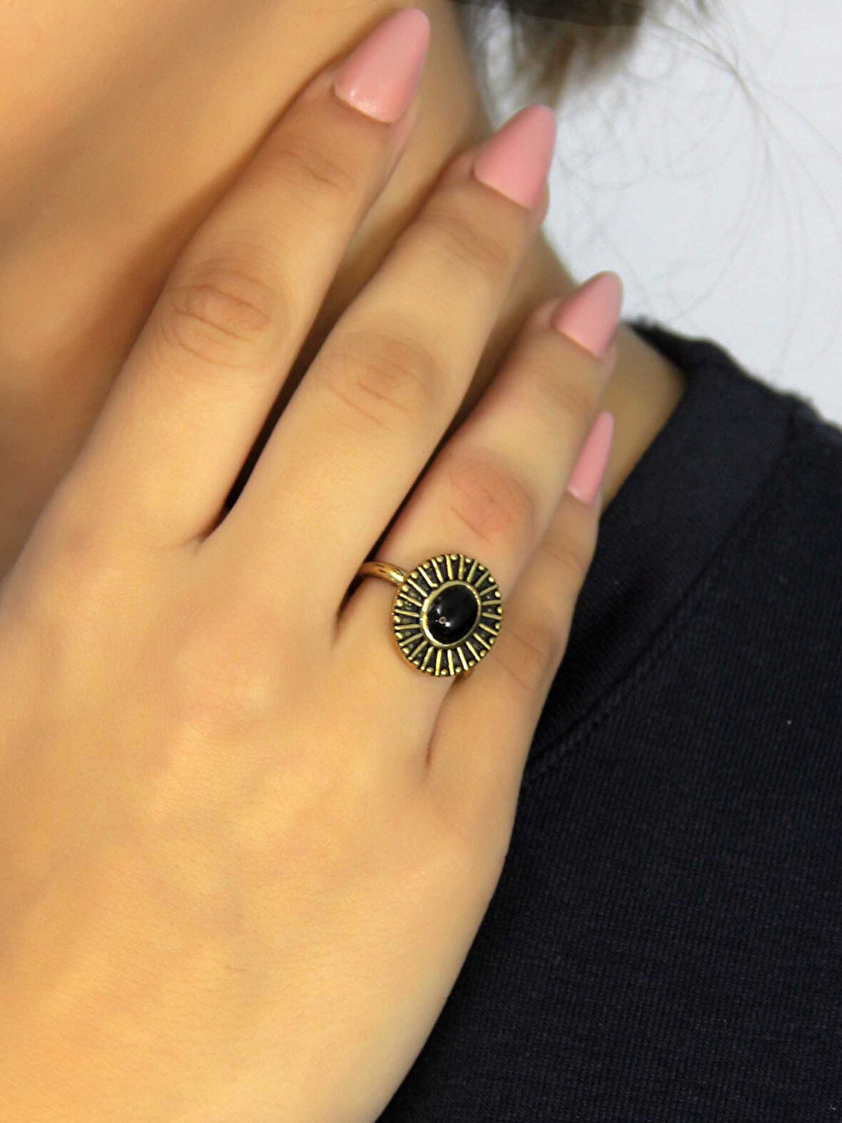 Doğal Taş Oniks Doğal Taşlı Antik Model Kadın Ayarlanabillir Yüzük euy74o