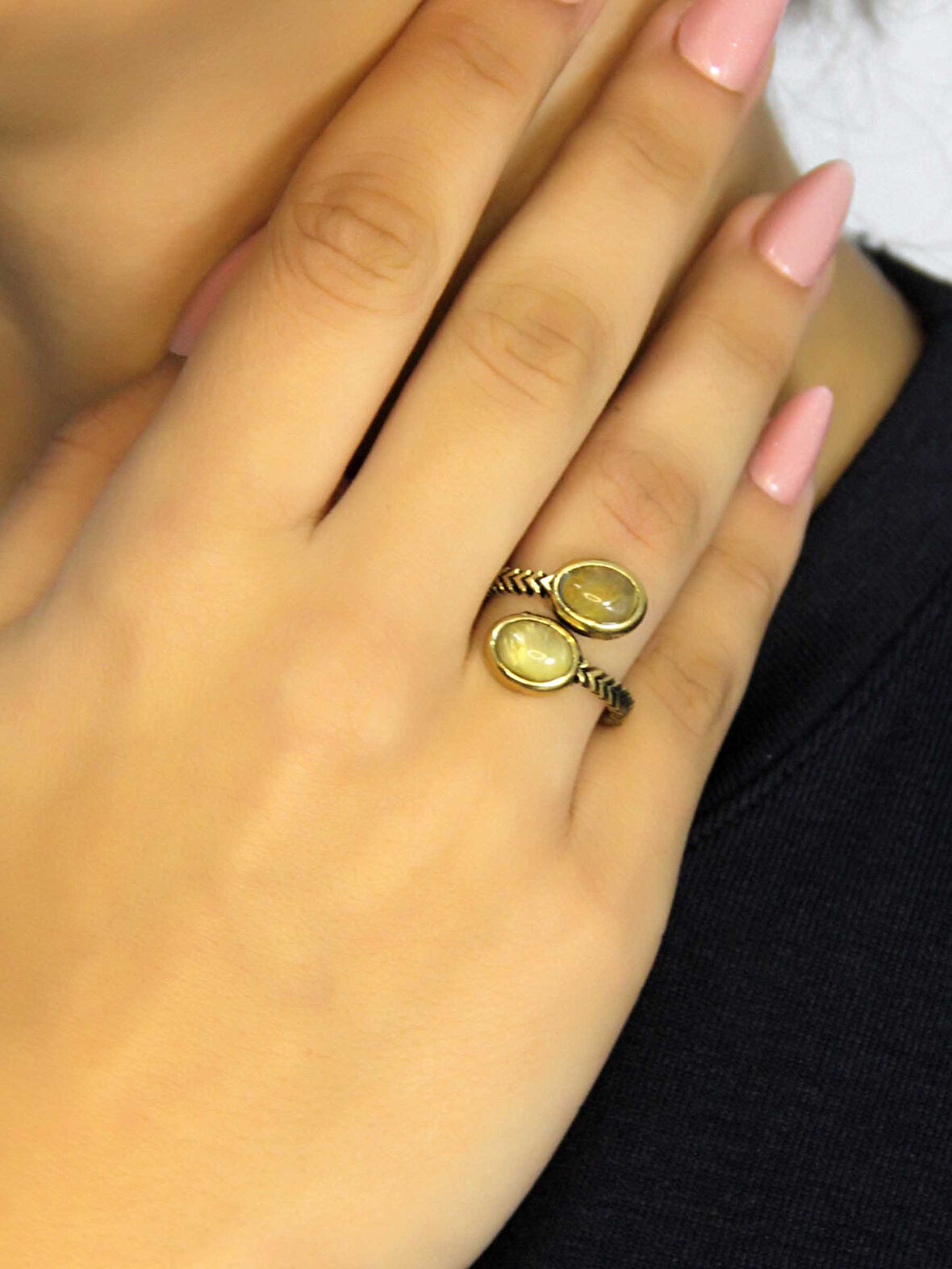 Doğal Taş Sitrin İkili Doğal Taşlı Antik Model Kadın Ayarlanabillir Yüzük euy75s