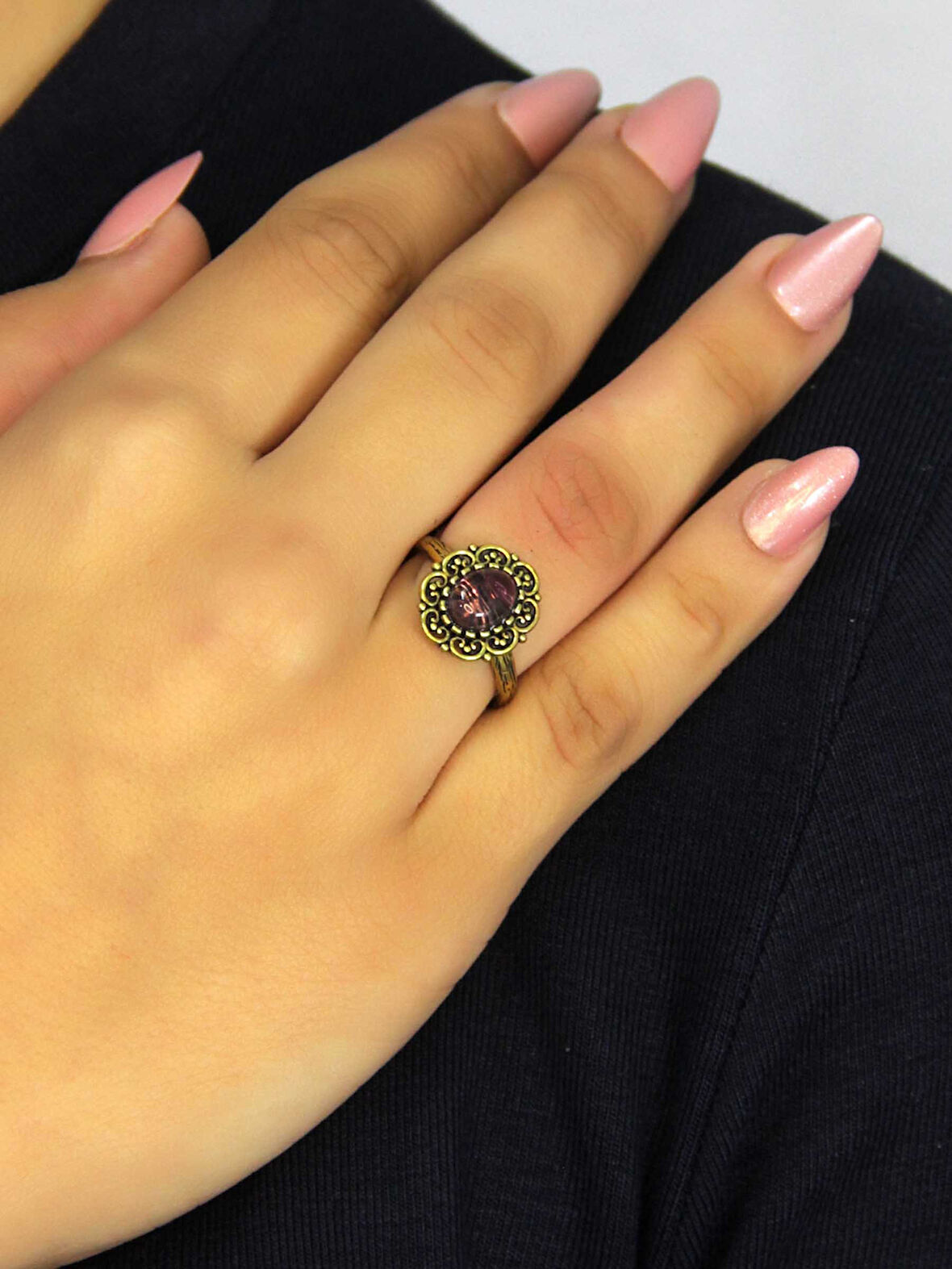 Doğal Taş Ametist Doğal Taşlı Antik Model Kadın Ayarlanabillir Yüzük euy77amt