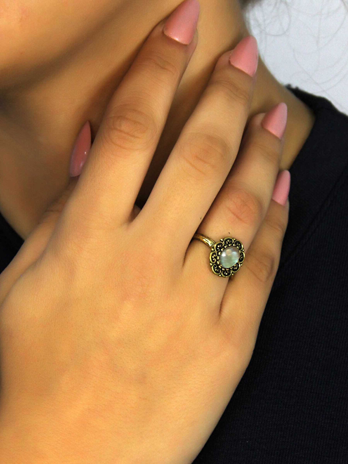 Doğal Taş Labradorit Doğal Taşlı Antik Model Kadın Ayarlanabillir Yüzük euy77lbt