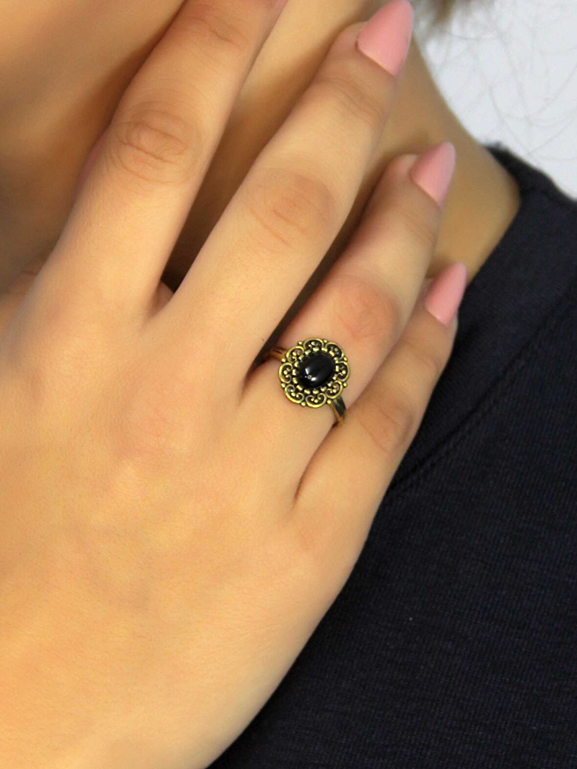 Doğal Taş Oniks Doğal Taşlı Antik Model Kadın Ayarlanabillir Yüzük euy77o