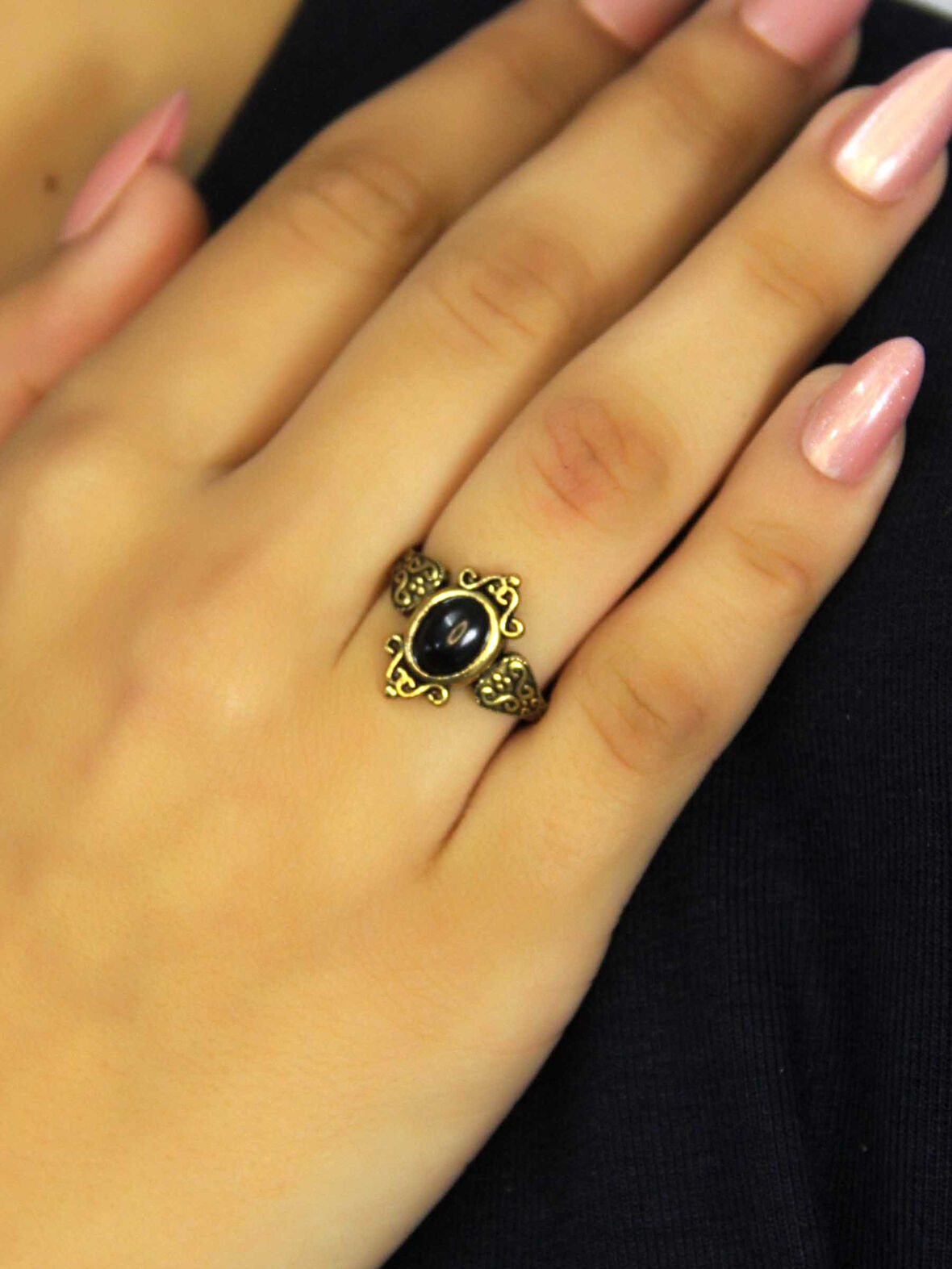 Doğal Taş Oniks Doğal Taşlı Antik Model Kadın Ayarlanabillir Yüzük euy78o