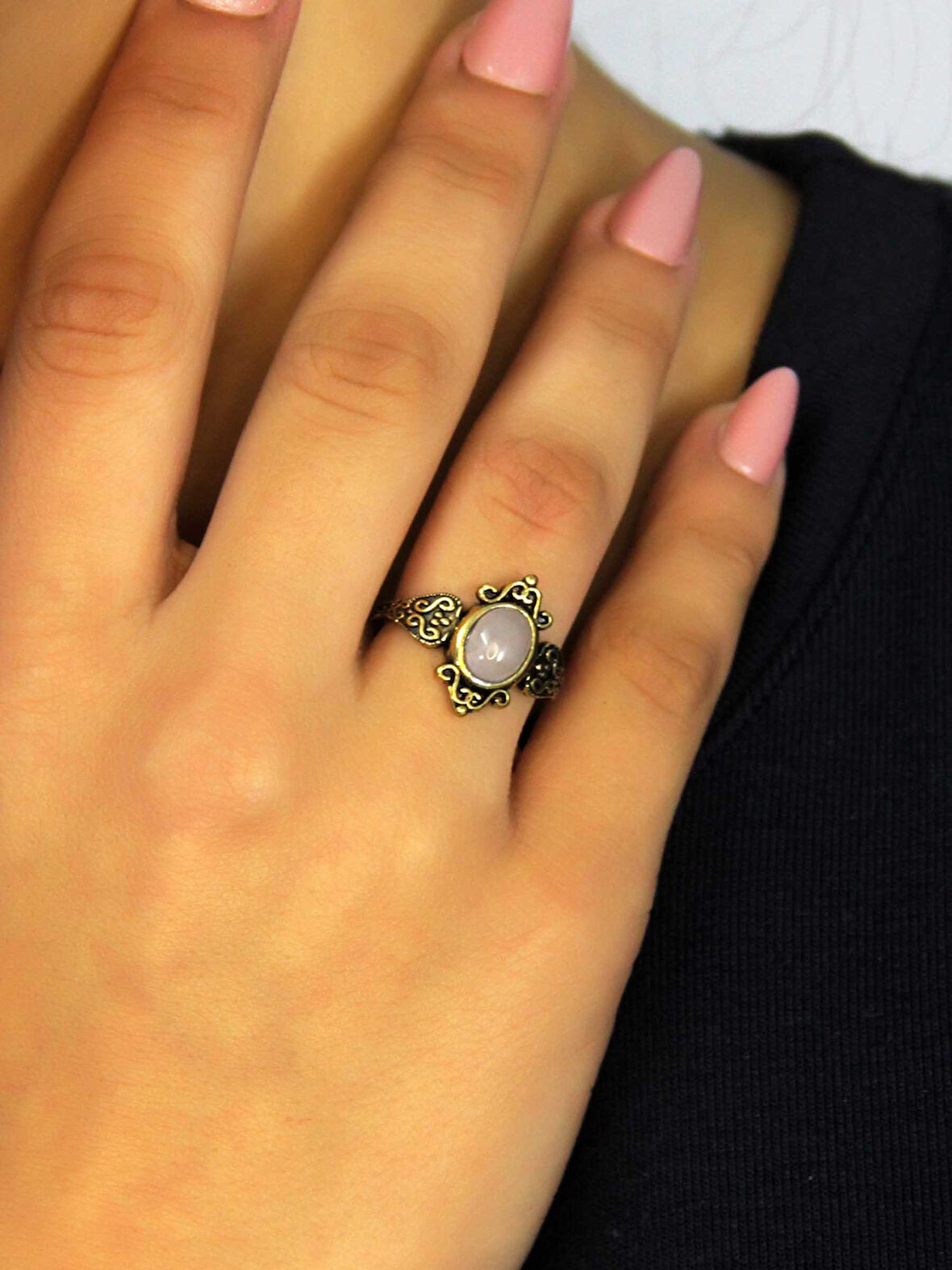 Doğal Taş Pembe Kuvars Taşlı Antik Model Kadın Ayarlanabillir Yüzük euy78pk