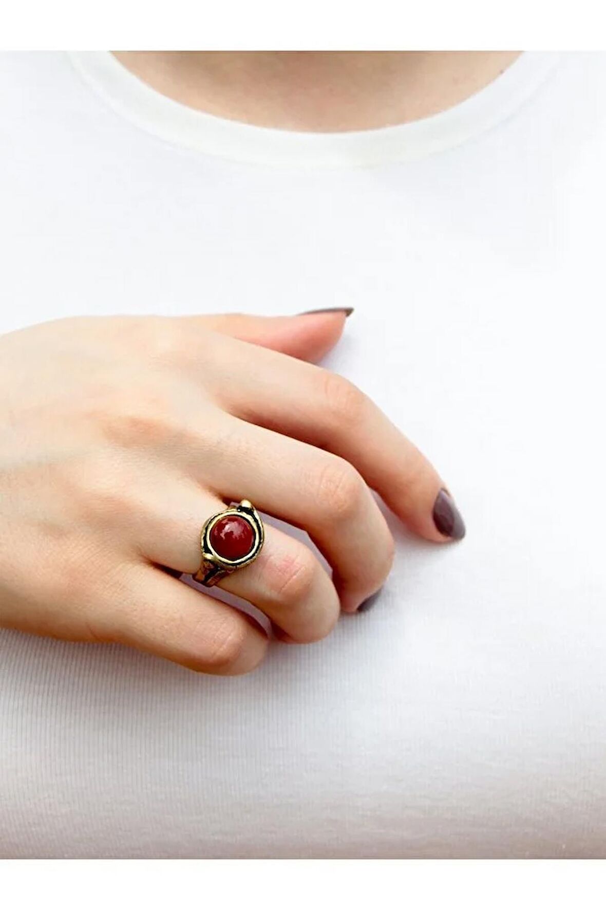 Doğal Taş Yuvarlak Akik Doğal Taşlı Ayarlanabilir Orta Boy Yüzük euy7a