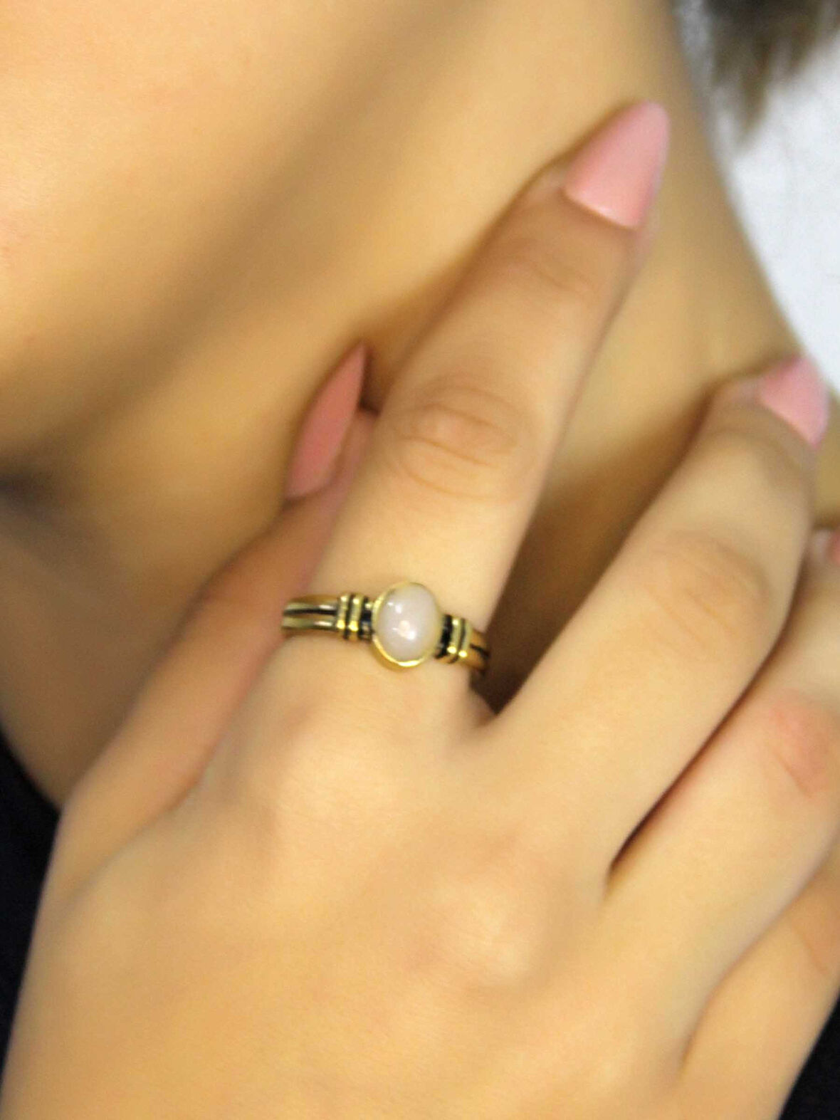 Doğal Taş Pembe Kuvars Taşlı Antik Model Kadın Ayarlanabillir Yüzük euy81pk