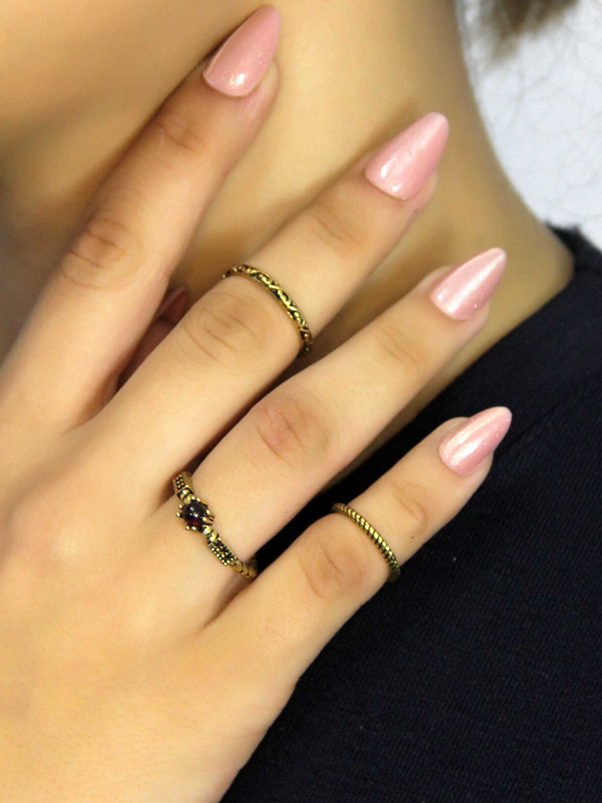 Doğal Taşlı 3'lü Garnet (Lal) Doğal Taşlı Antik Modelli Kadın Ayarlanabilir Yüzük Seti euy84