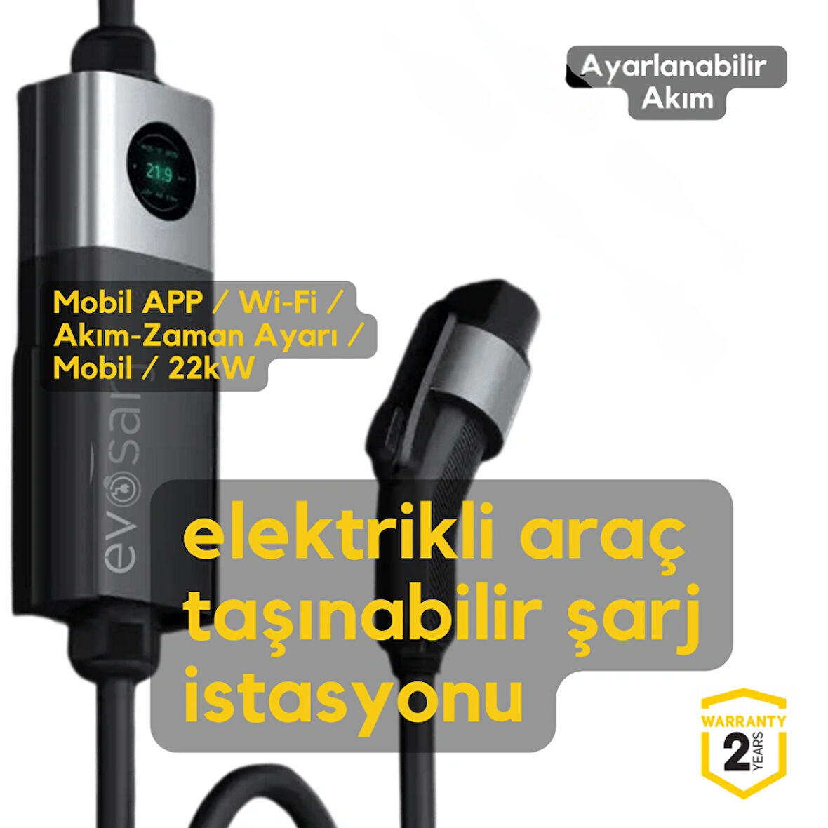 Evoşarj EvoMobil Elektrikli Otomobil Araç Taşınabilir Şarj İstasyonu 22kW/32A/6mt/Wifi/Akım Ayarlı/Akıllı