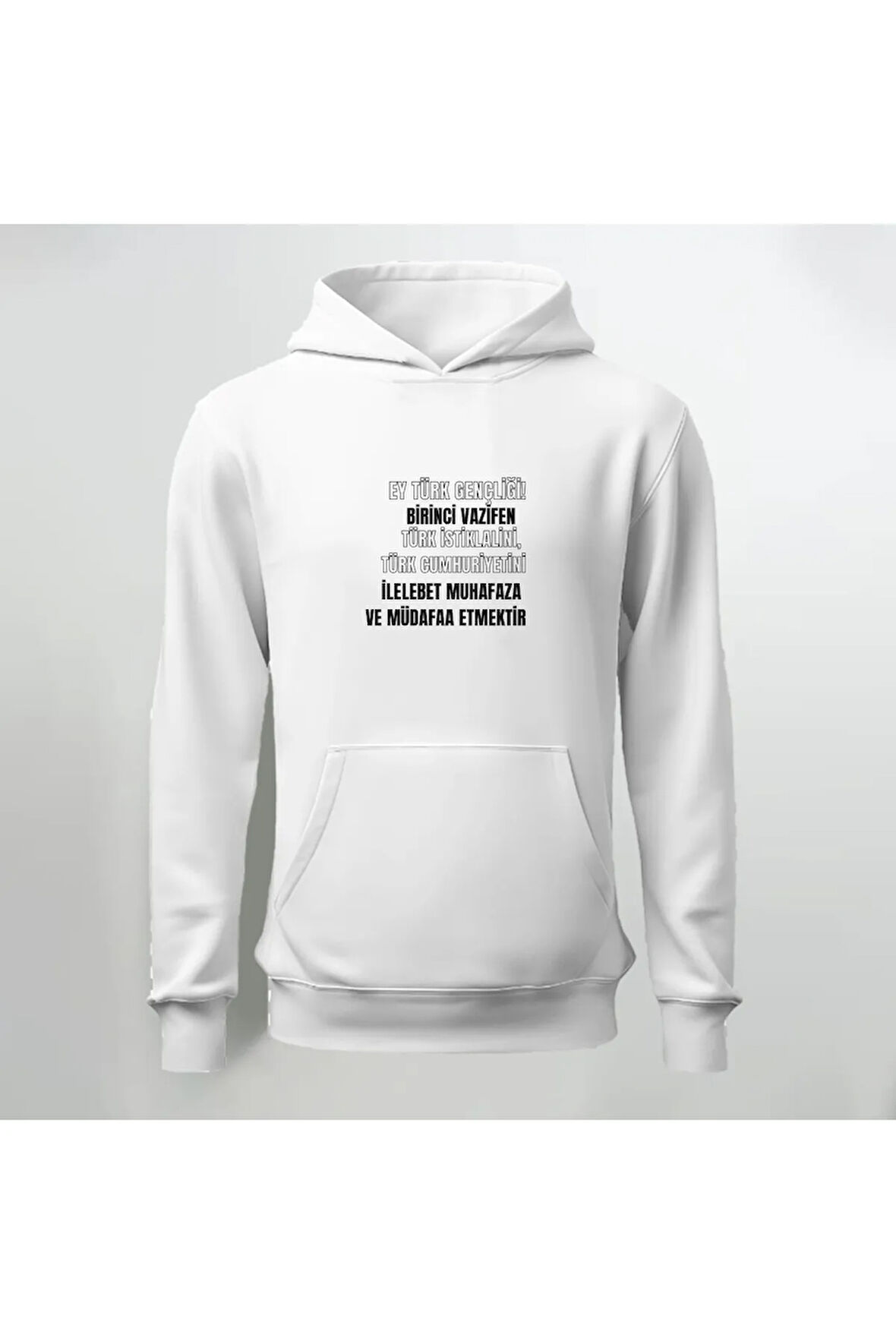 Ey Türk Gençliği Baskılı Beyaz Kapüşonlu Sweatshirt Hoodie Kalın Kumaş 3 İplik Şardonlu