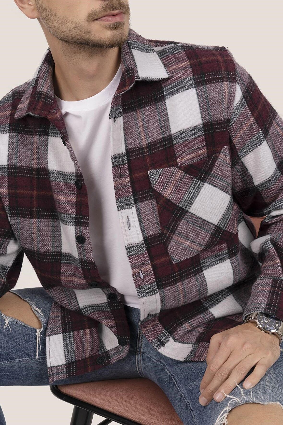 Kiraz Beyaz Geçişli Oversize Kalın Oduncu Gömlek