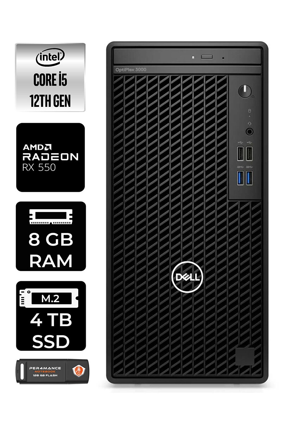 DELL OPTİPLEX i5 12500 8GB RAM 4TB SSD RX550/4GB FDOS N010O3000MTAC MASAÜSTÜ PC & PER4 BELLEK