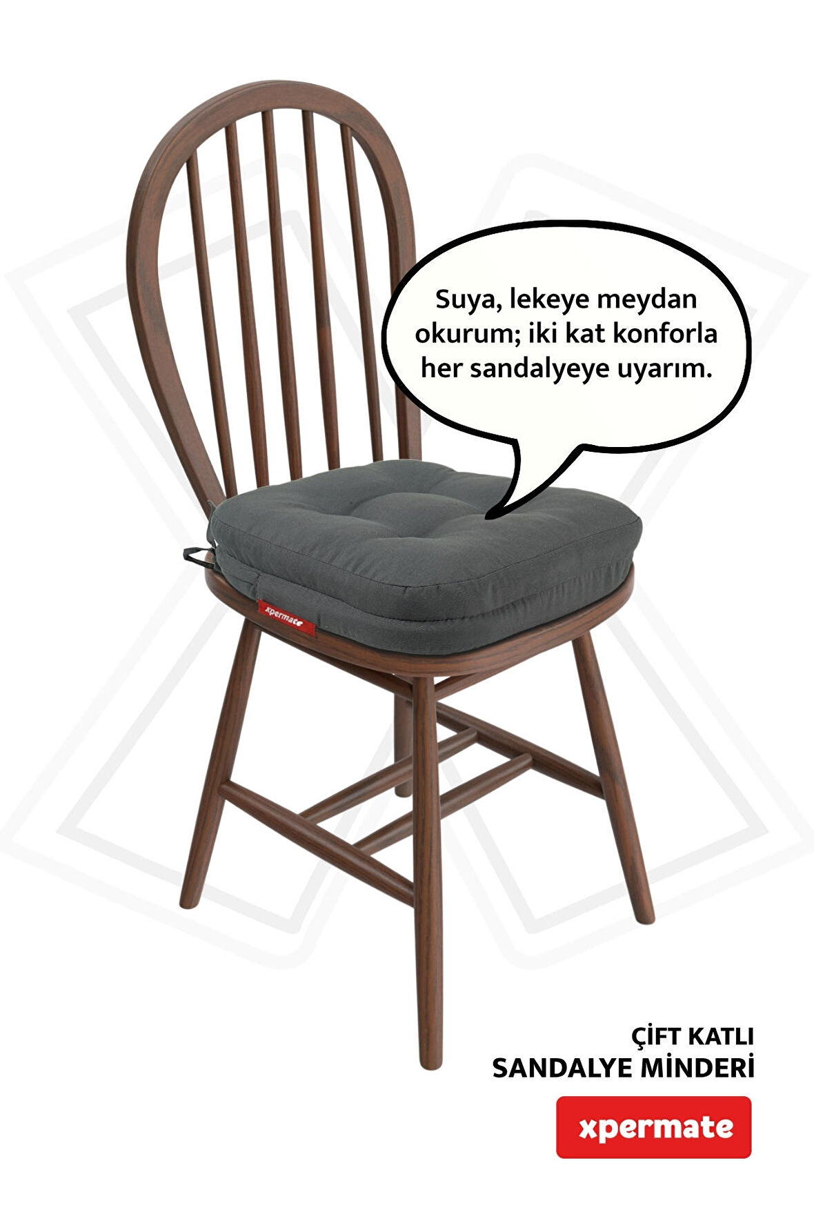 XPERMATE Çift Kat Sandalye Minderi Fermuarlı Yıkanabilir Kılıf Bağcıklı Su ve Yağ İtici 42x42x8 Antrasit