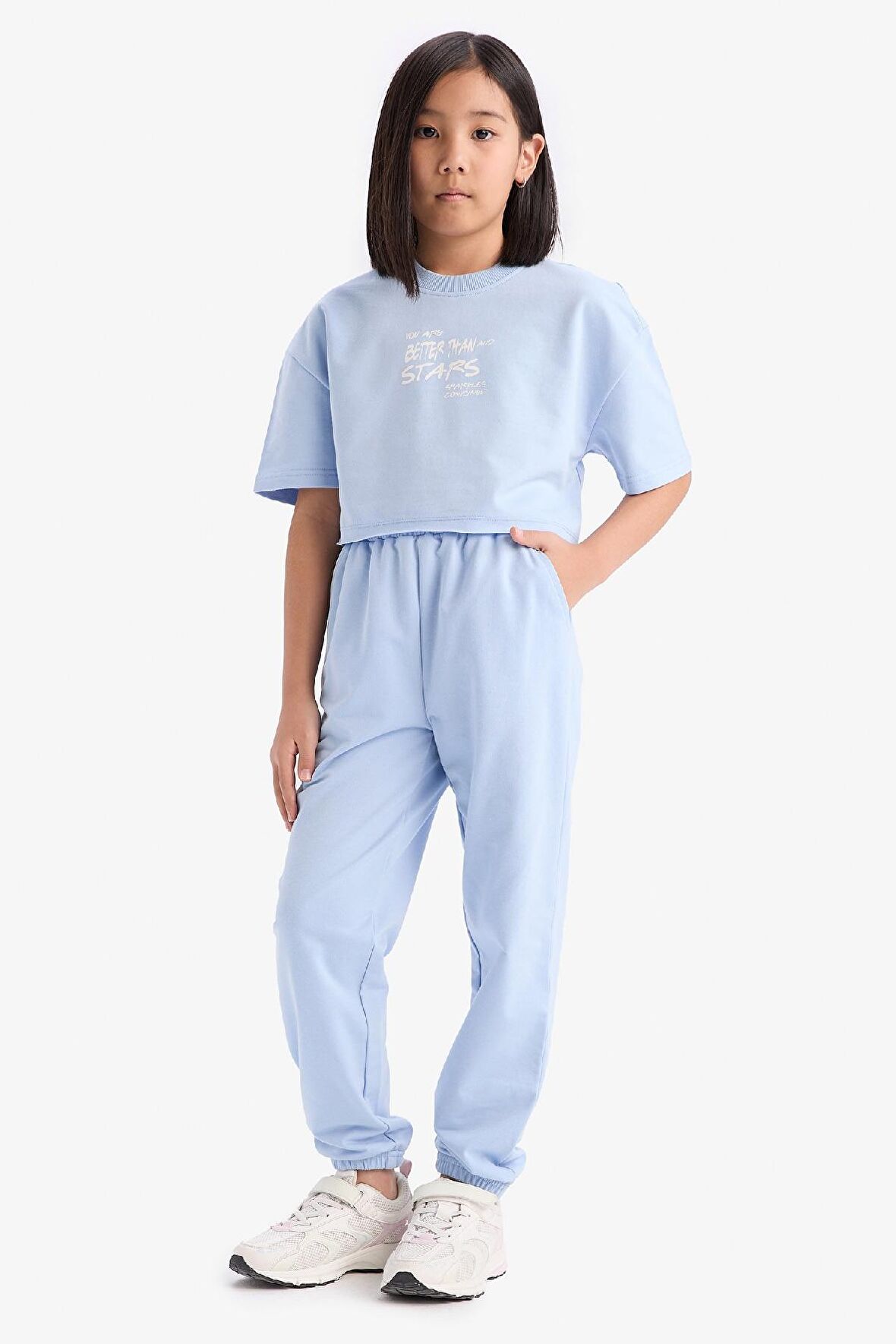 Kız Çocuk 2'li Takım Bisiklet Yaka Baskılı Sweatshirt Beli Paçası Lastikli Eşofman Altı 