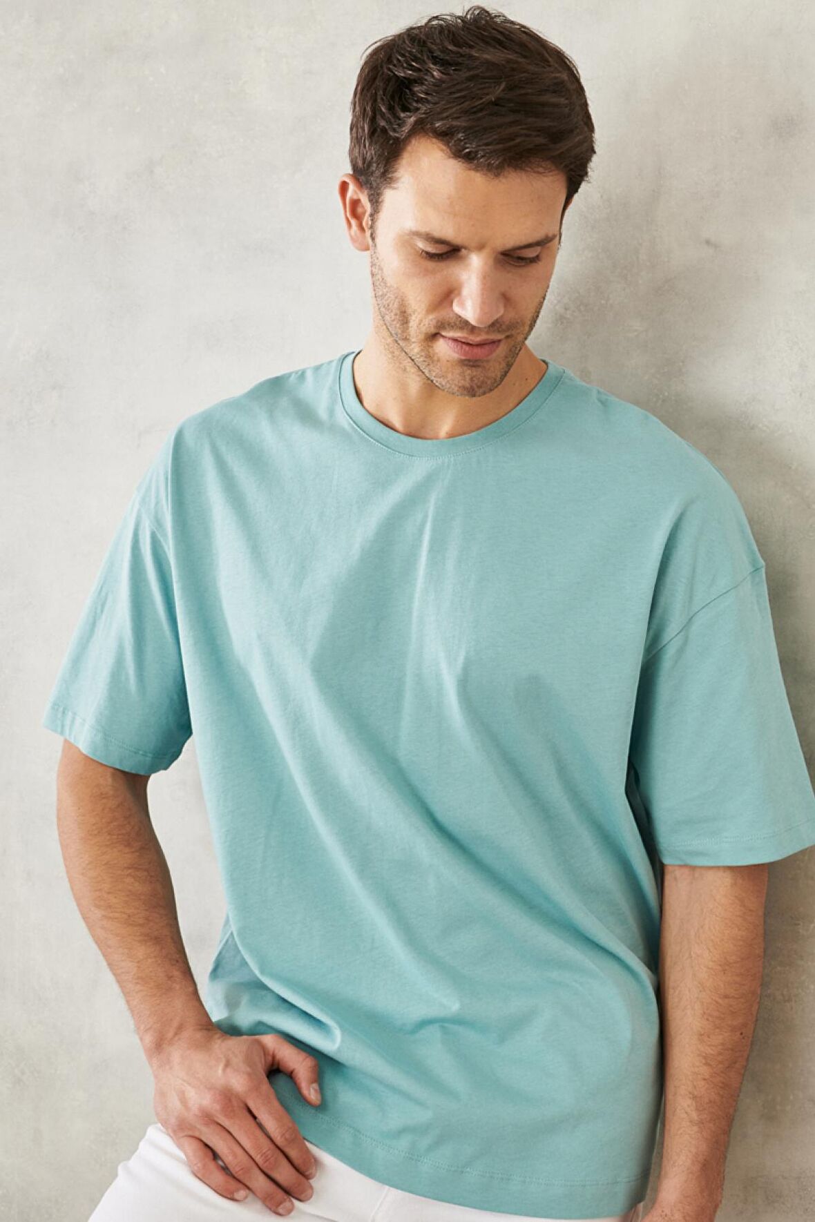 Erkek Petrol Oversize Bol Kesim Bisiklet Yaka %100 Pamuk Tişört