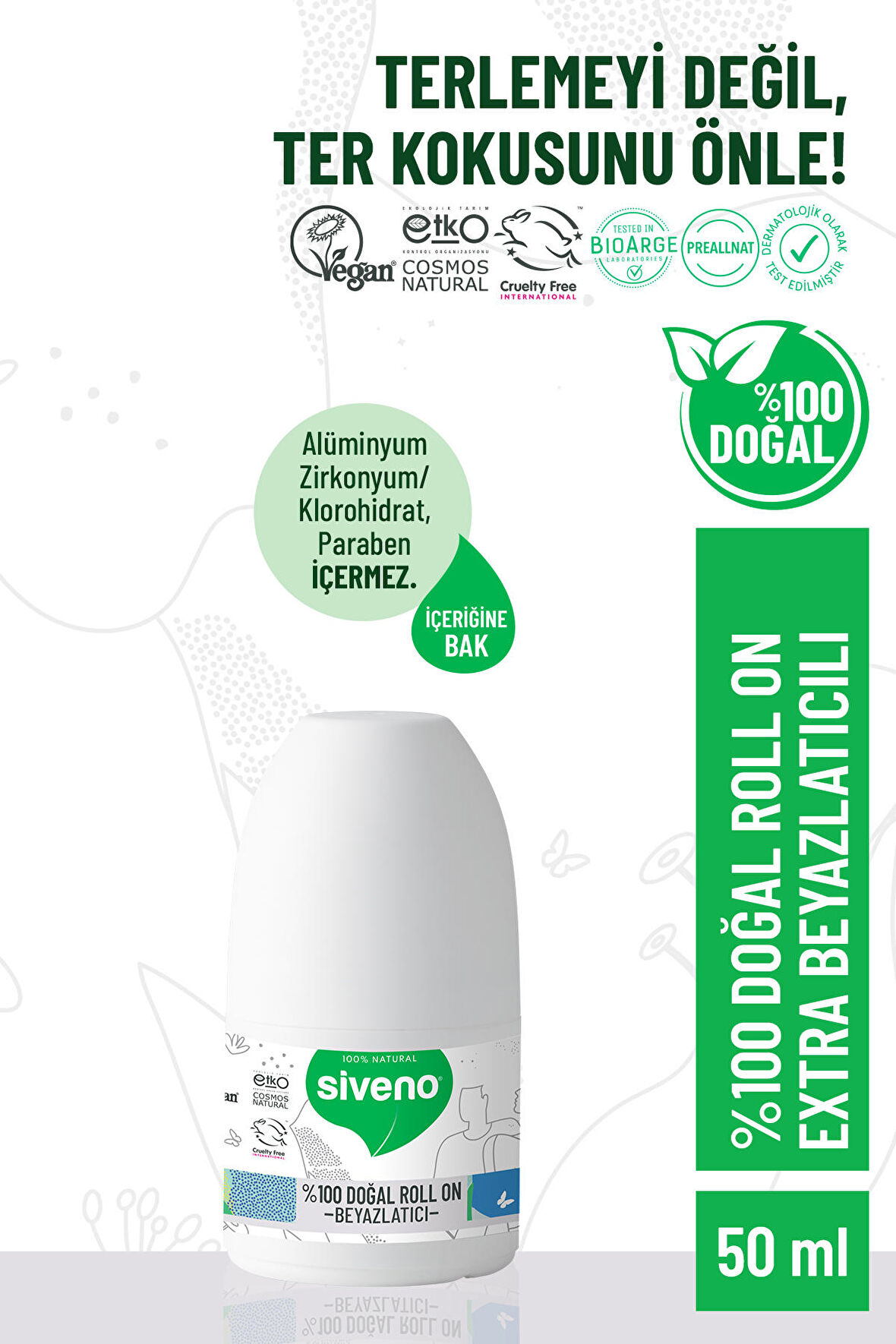 Siveno %100 Doğal Roll-On Beyazlatıcı Etkili Deodorant Ter Kokusu Önleyici Bitkisel Lekesiz Vegan 50 ml