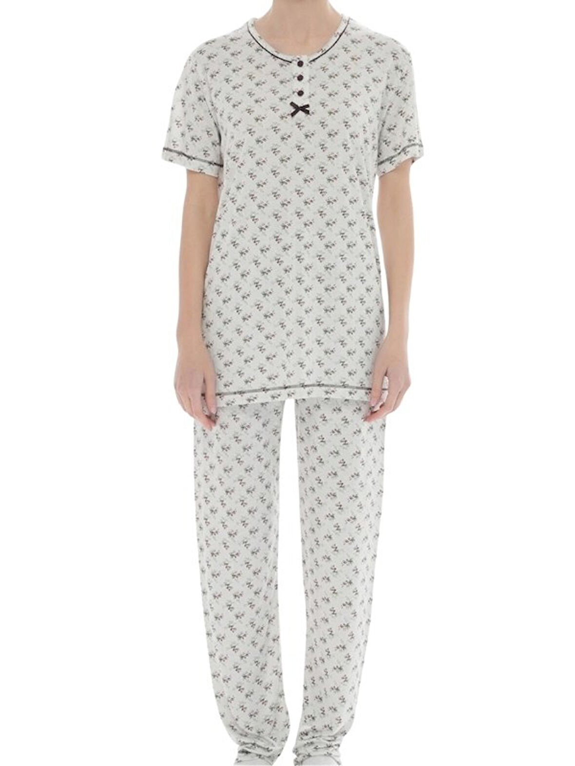 Kadın Desenli Bambu %100 Pamuk Yazlık Kısa Kol Pijama Takımı-Geniş Kesim Anne Kalıp