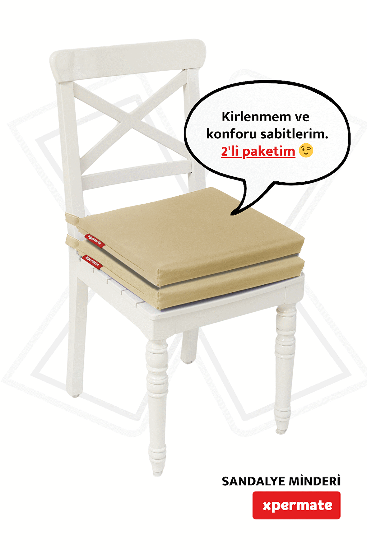 Xpermate Fermuarlı 2'li Sandalye Minderi Su İtici Kumaş 40x40Cm Sünger Sandalye Minderi Bağcıklı Bej