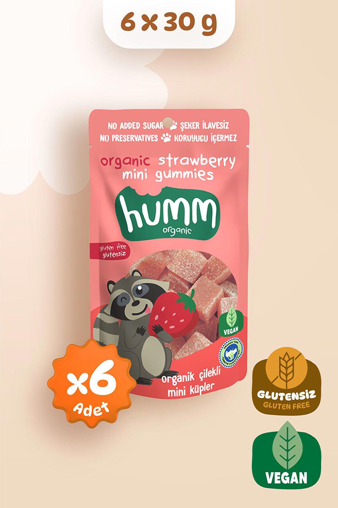 Humm Organic Organik Glutensiz Vegan Çilekli Mini Küpler 30g X 6 Adet