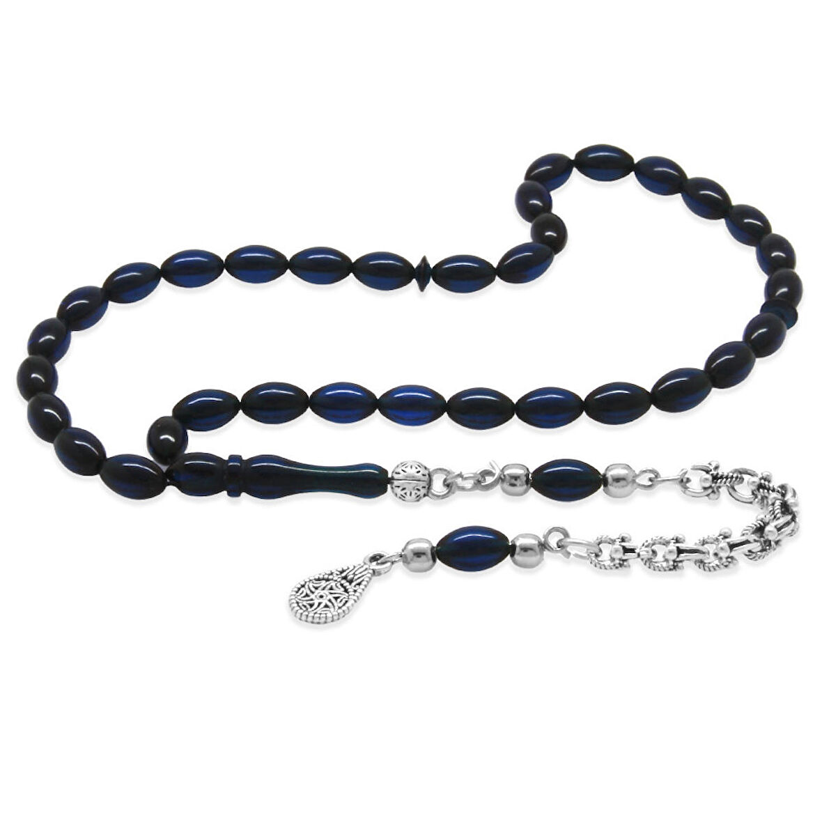 Kararmaz Metal Arnavut Zincir Püsküllü Arpa Kesim Koyu Lacivert Bilek Boy Sıkma Kehribar Tesbih