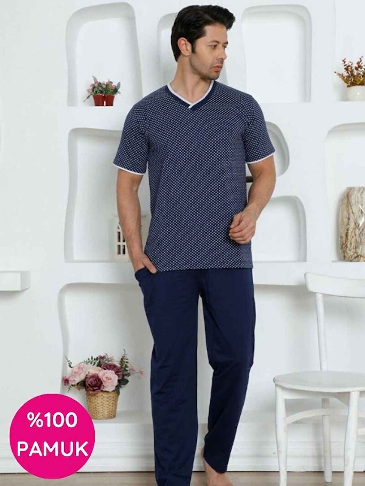 Erkek Desenli V Yaka Düğmesiz %100 Pamuk Kısa Kol Cepli Pijama Takımı