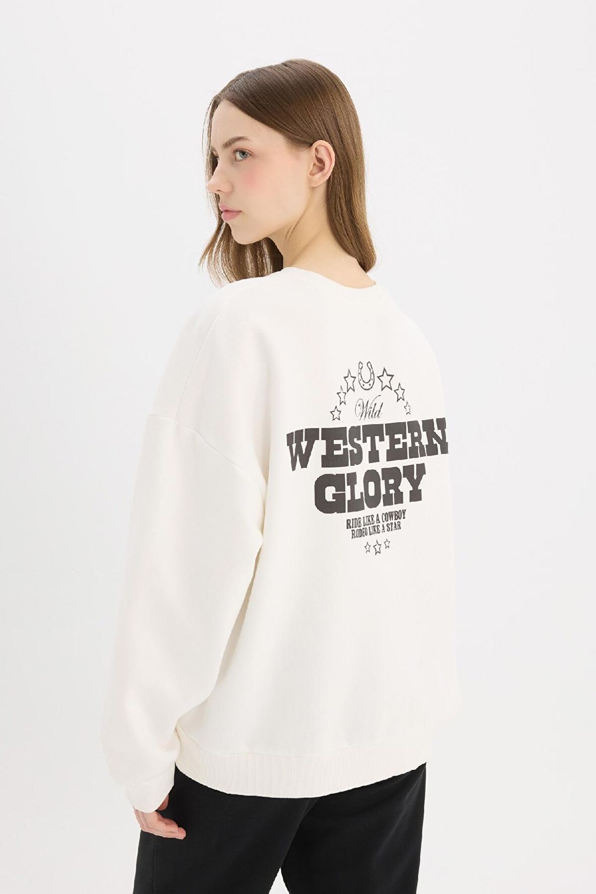 DeFacto Oversize Geniş Kalıp Bisiklet Yaka Sırt Baskılı Kalın Kumaş Sweatshirt E4934AX25SPWT32