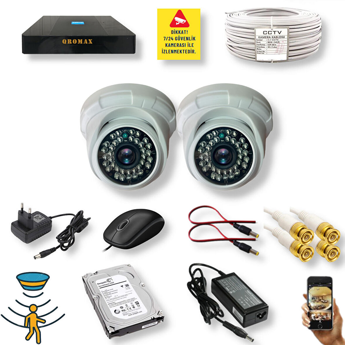 2 Kameralı Set - Hareket Algılayan Gece Görüşlü 36 IR Led 5MP Sony Lensli 1080P Full HD Dome İç Mekan Güvenlik Kamerası Seti D136b
