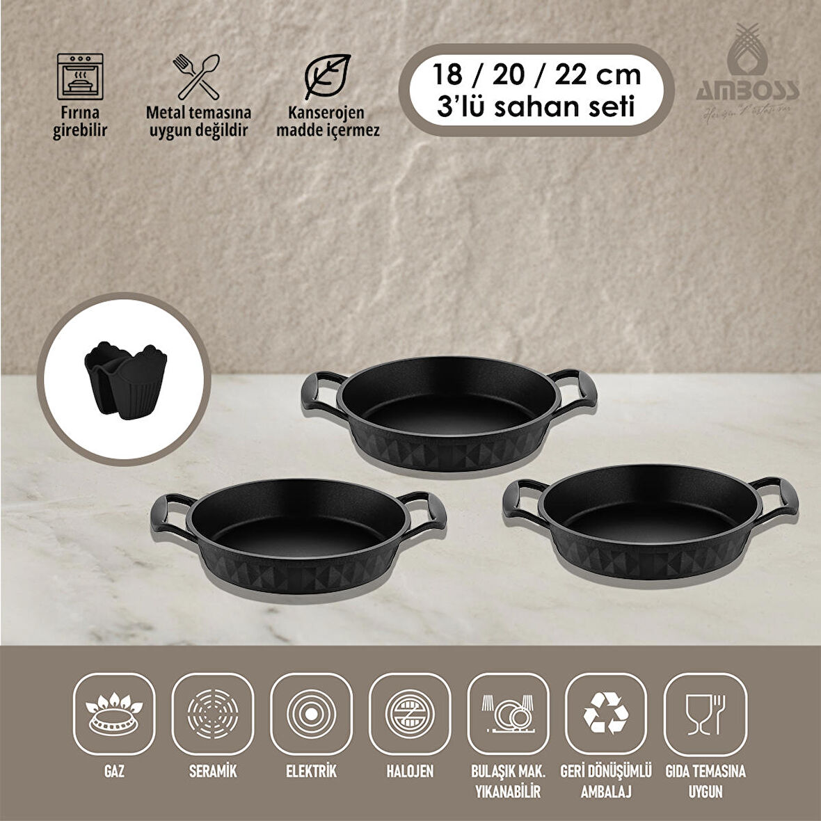 Amboss 3'lü Kuvars Sahan (18cm + 20cm + 22cm) Döküm Titanyum