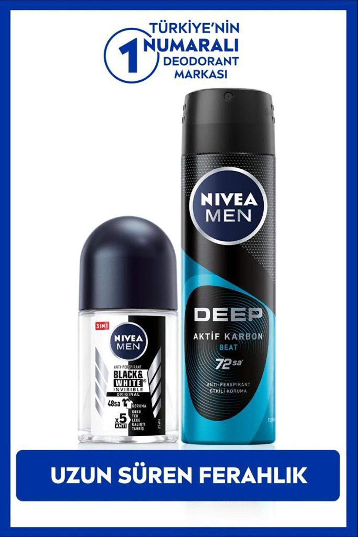 Nivea MEN Erkek Sprey Deodorant Deep Aktif Karbon 150ml ve Black&White Original Mini Roll-on 25ml