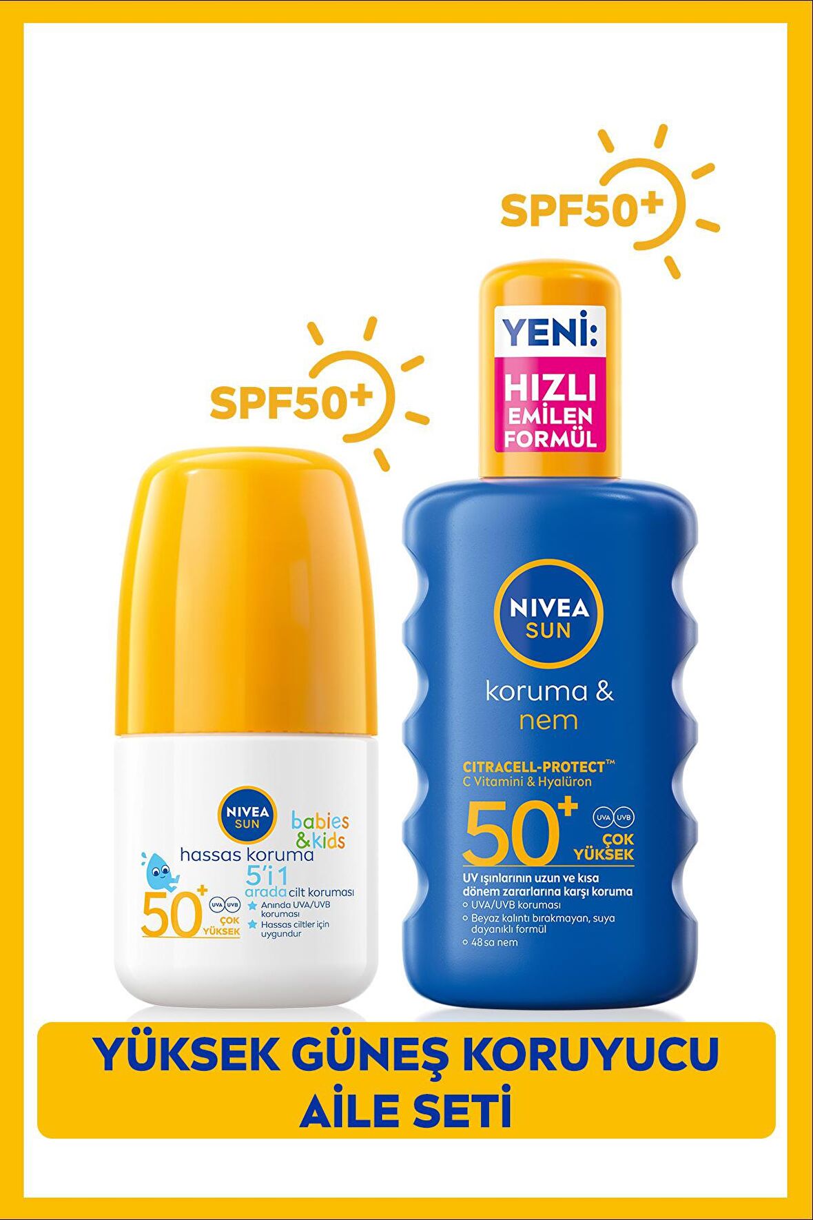 Nivea Sun Çocuklar Için Güneş Koruyucu Roll-on 50ml Ve Koruma Nem Vücut Spreyi 200ml, Spf50, Çanta