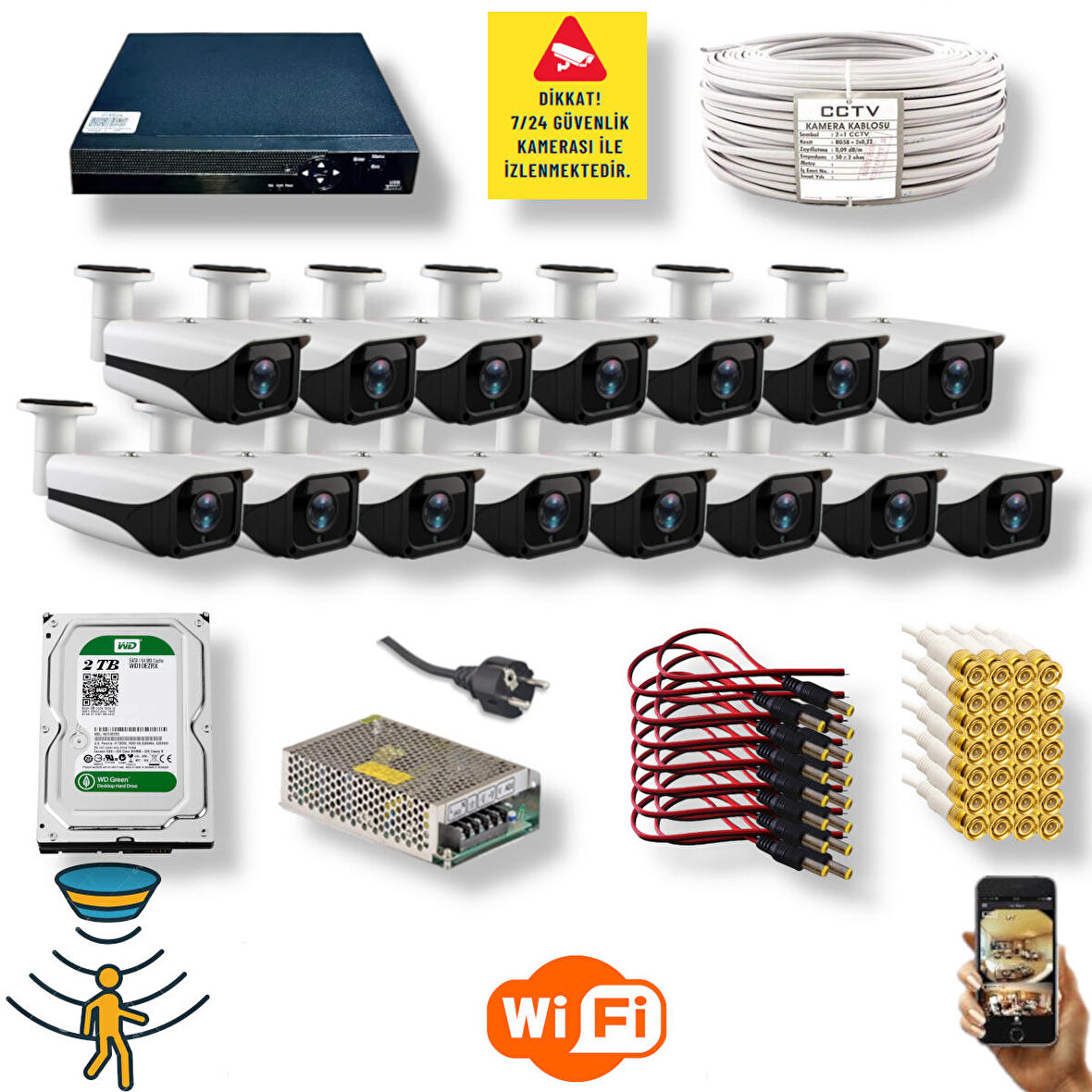 15 Kameralı Set - Hareket Algılayan Gece Görüşlü 4 Array Ledli 5MP Sony Lensli 1080P Metal Kasa Güvenlik Kamerasi Seti 3004