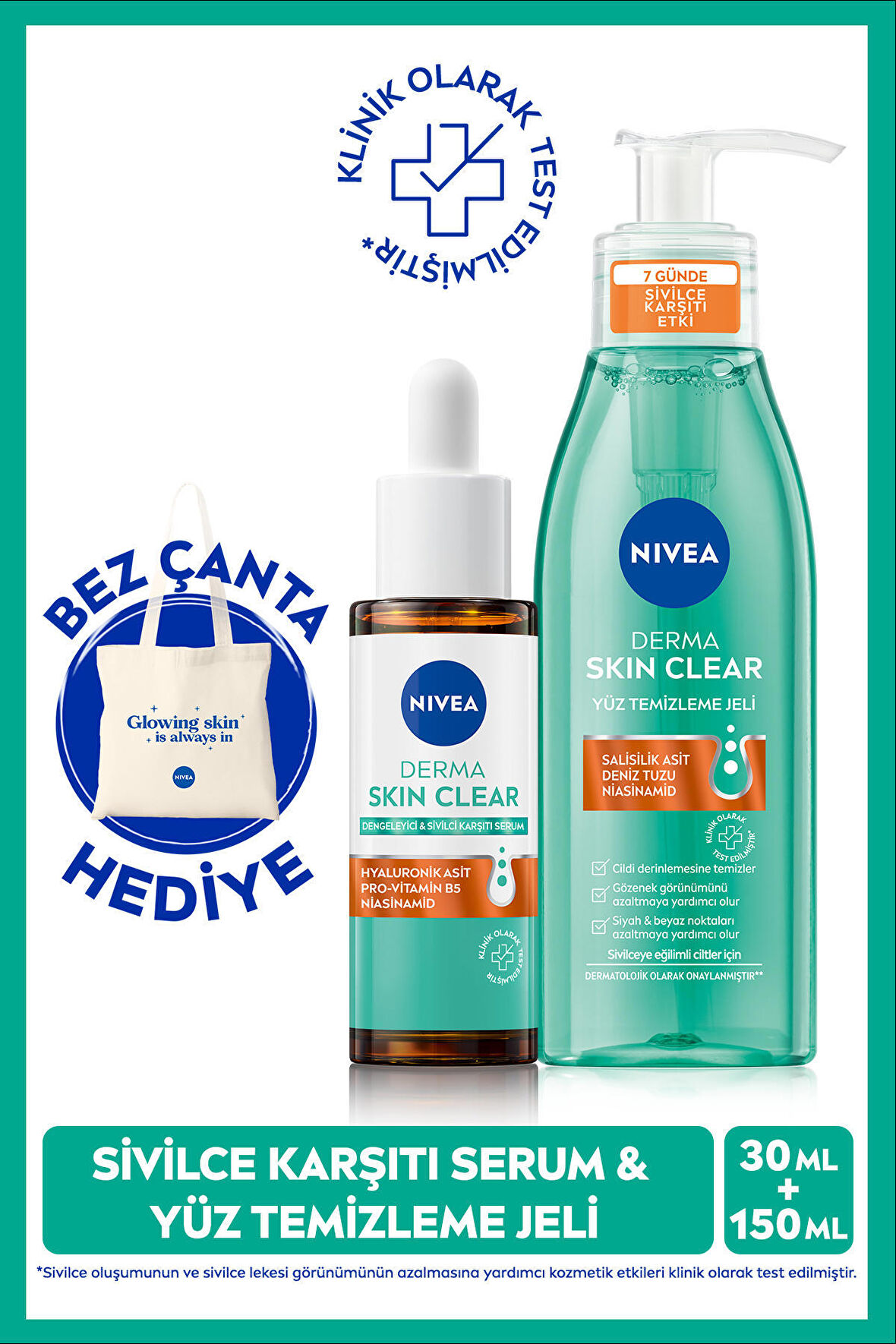 NIVEA Sivilce Karşıtı Derma Skin Clear Cilt Bakım Seti, Yüz Temizleme Jeli 150ml ve Dengeleyici Serum 30ml, Bez Çanta Hediye