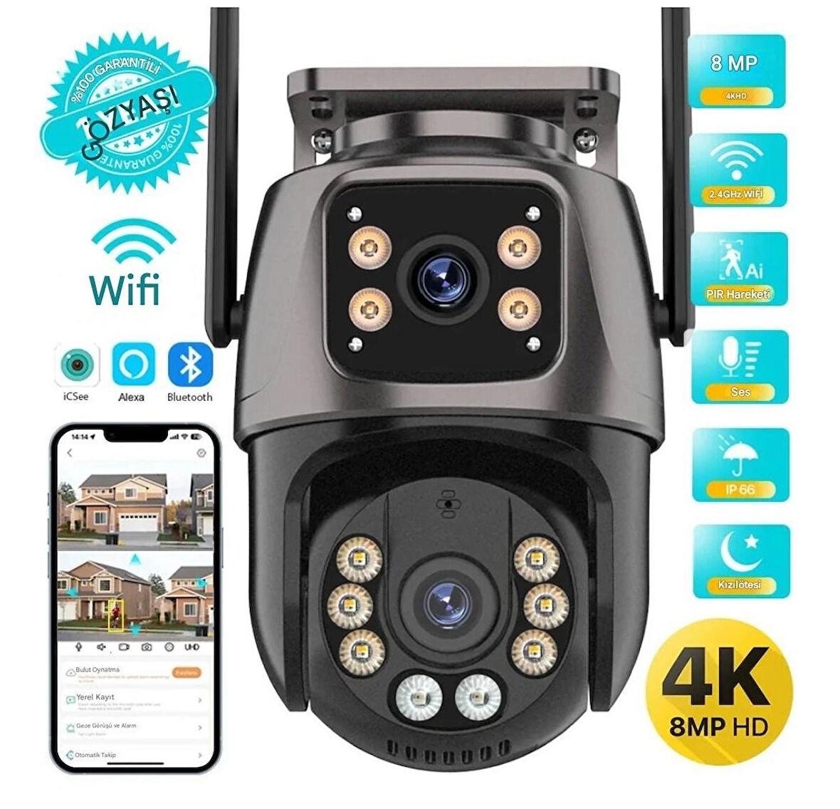 4K 8MP HD Wifi PTZ Kamera 4MP Çift Lens Çift Ekran AI Otomatik İzleme IP Kamera Hava Su Geçirmez
