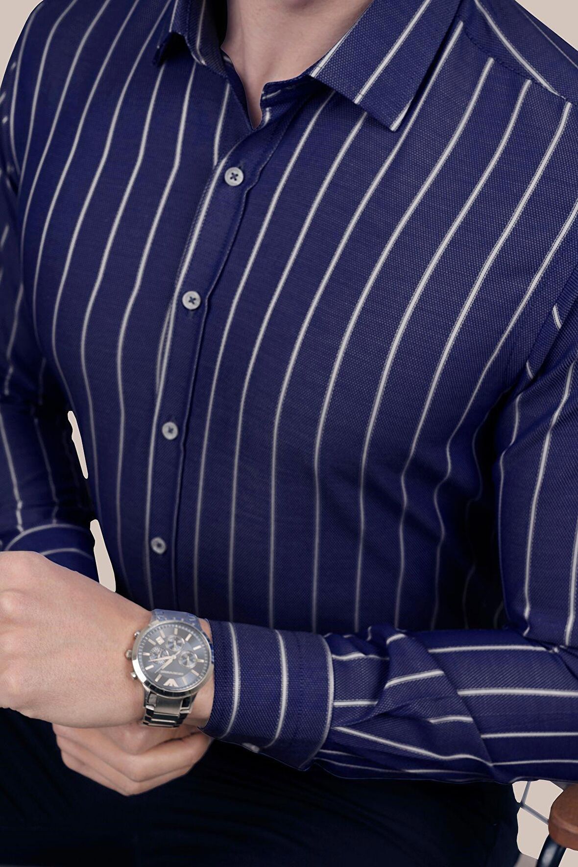 Lacivert Beyaz Çizgili Slimfit Erkek Gömlek