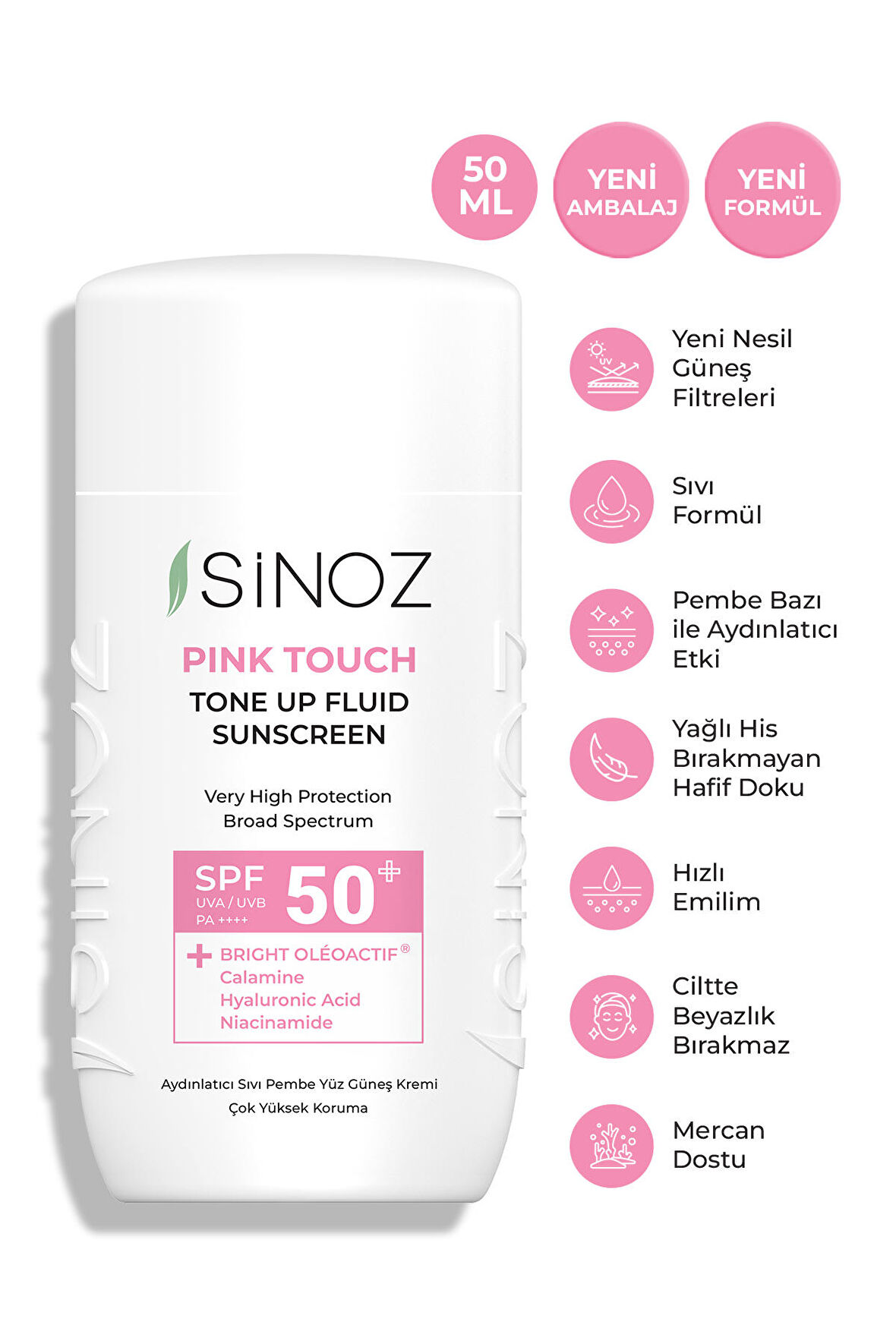 Sinoz Spf50 Pink Touch Aydınlatıcı Sıvı Yüz Güneş Kremi Yeni Nesil Güneş Filtreleri Hibrit Formül 50ml