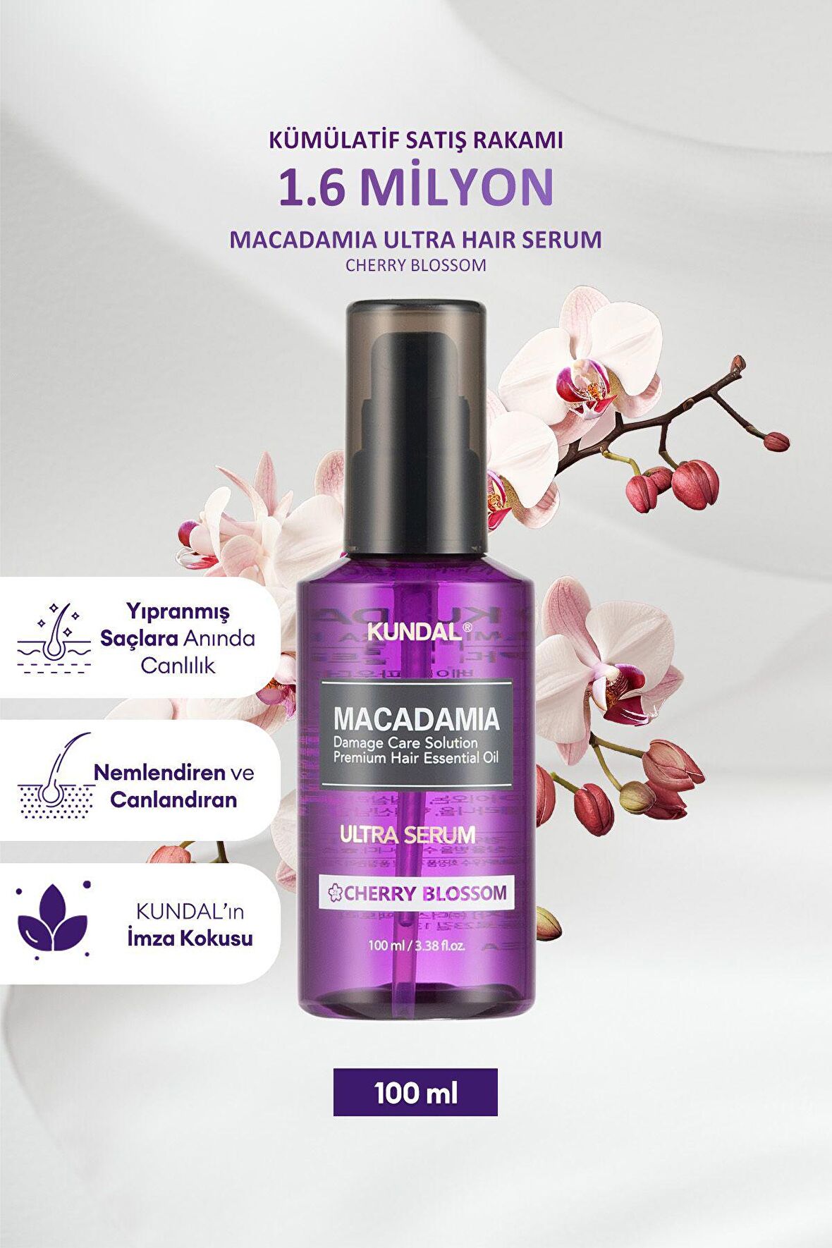 Parlaklık Sunan Besleyici Saç Serumu Kundal Macadamia Ultra Hair Serum 100ml (Cherry Blossom)