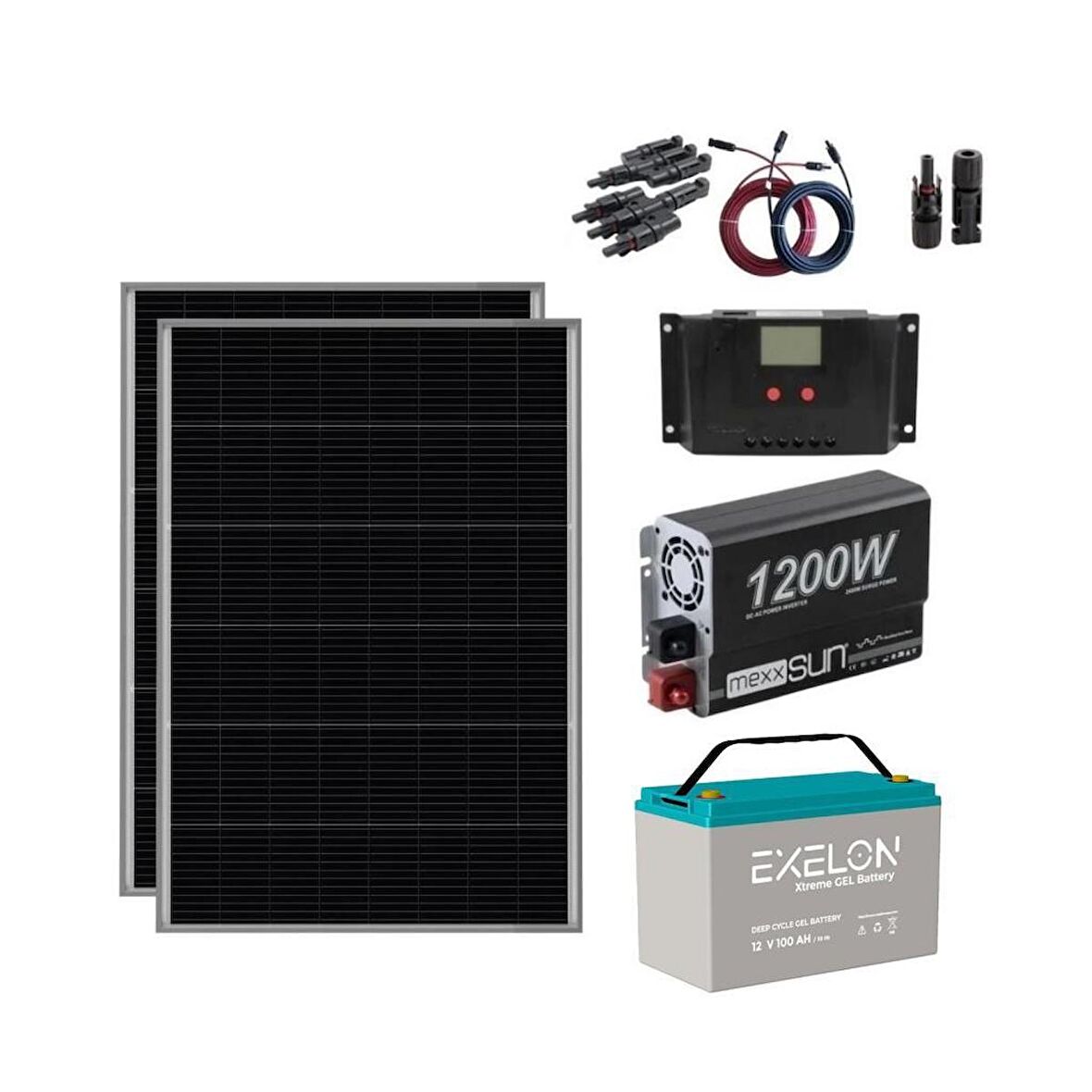 1200W Güneş Enerjisi Solar Paket 2x250W Panel 100Ah Jel Akü 1200W İnverter TV ve Aydınlatma Uyumlu