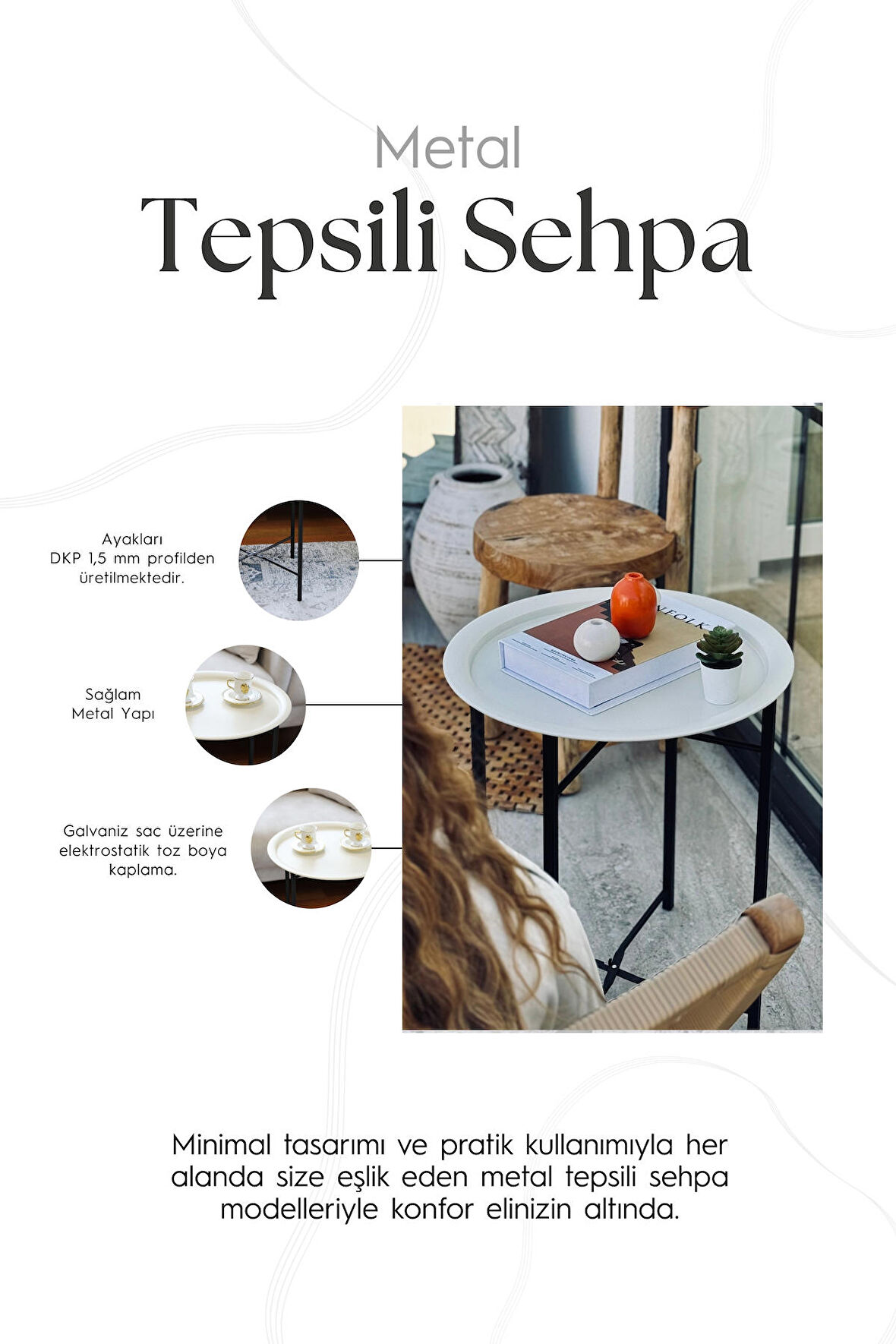 Katlanır Tepsili Sehpa Çıkarılabilir Tepsili Modern Koltuk Yanı Orta Sehpa 45 x 55 cm