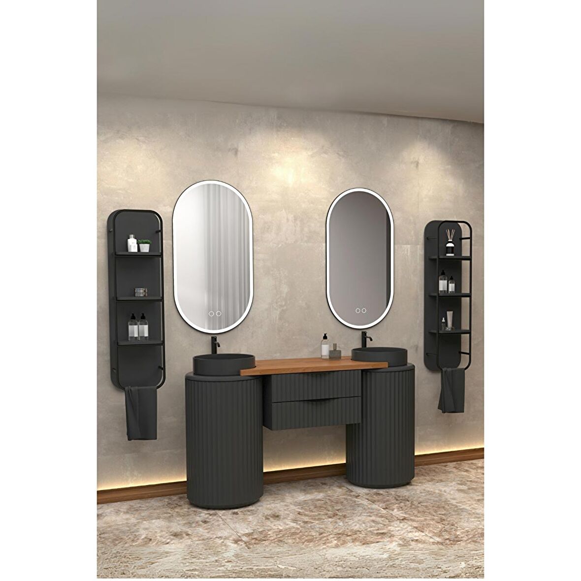 LOTUS DUO 150 CM ANTRASİT LAVABOLU BANYO DOLABI ANTRASİT - RAF MODÜL DAHİL
