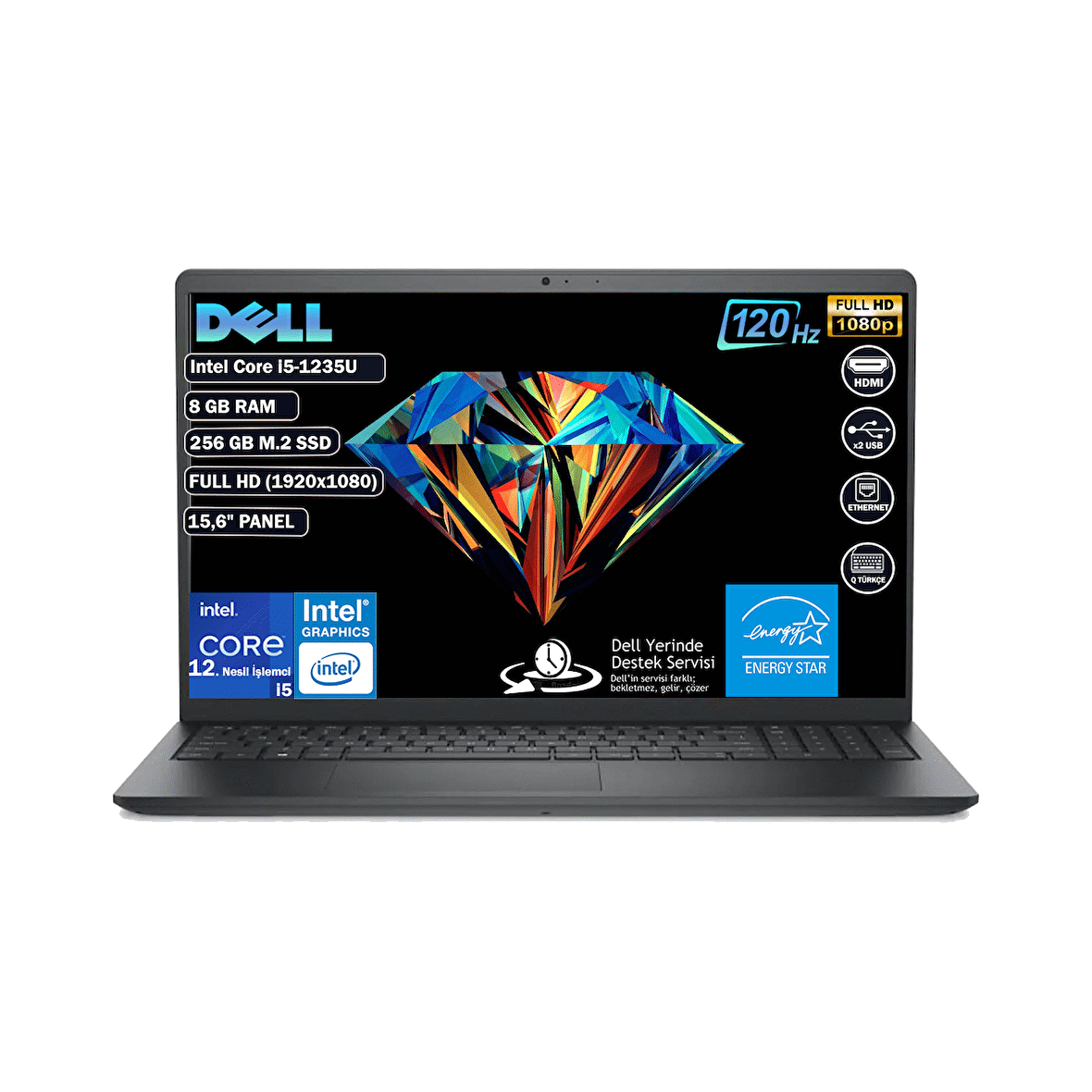 Dell Vostro 3520 Intel Core I5 1235U 8 GB 256 GB SSD Freedos 15.6" 120 Hz FHD (1920x1080) Taşınabilir Bilgisayar N1605PVNB3520U