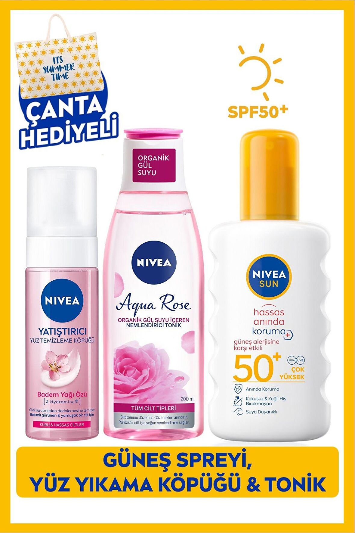 Nivea Sun Anında Güneş Koruyucu Vücut Spreyi 200ml Spf50, Yüz Temizleme Köpüğü, Tonik 200ml, Çanta Hediye