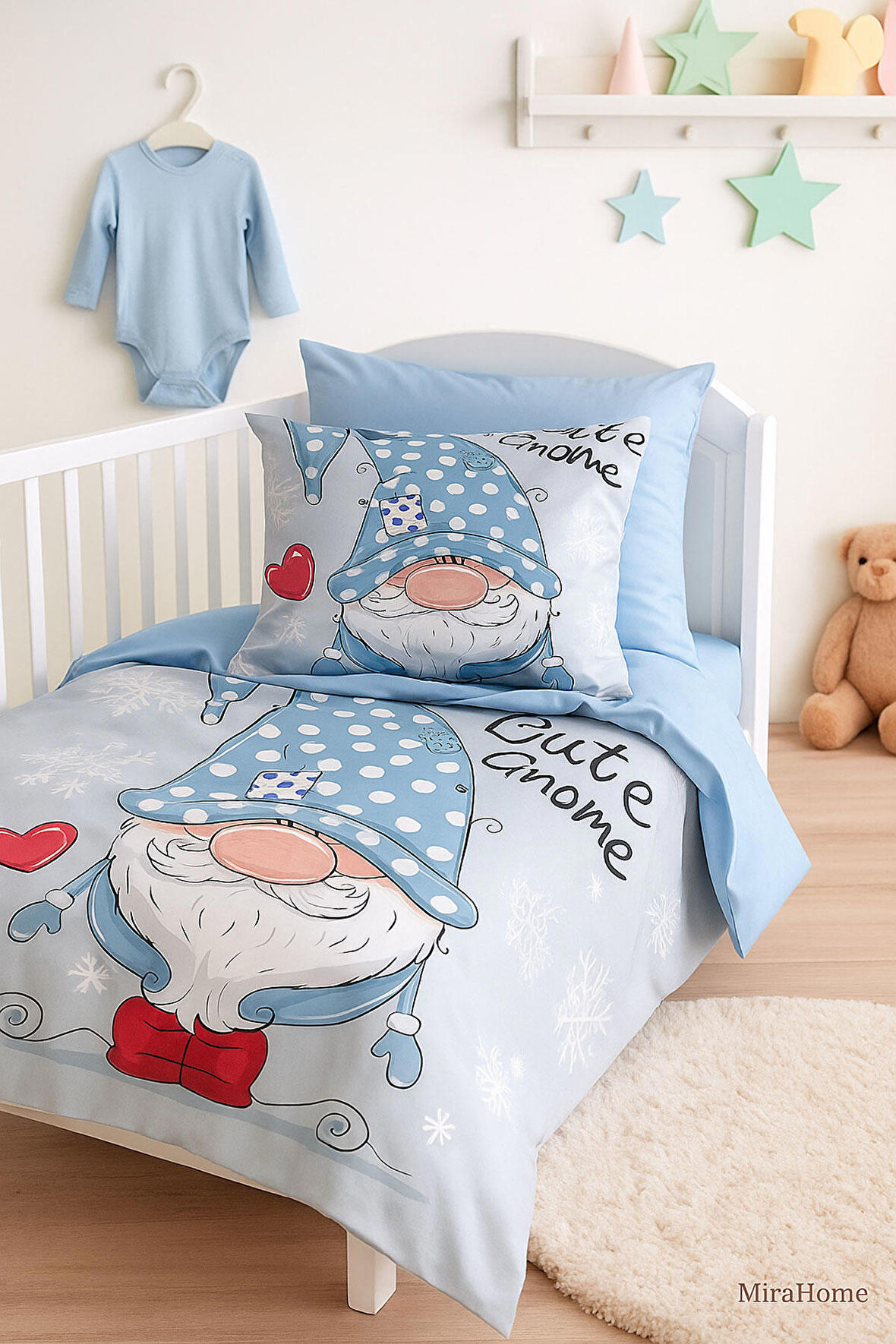 Dijital Baskılı 3d Pamuklu Yenidoğan Bebek Nevresim Takımı Cute Gnome Blue