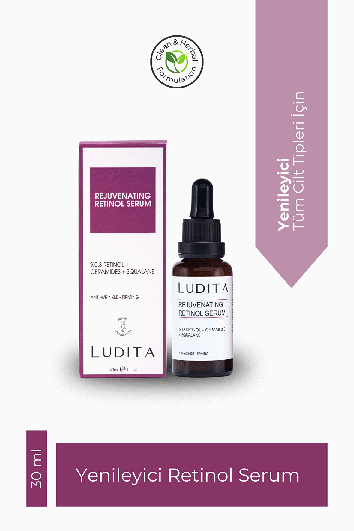 Ludita Kırışıklık Karşıtı ve Yenileyici Retinol (A Vit) Serum (0.3% Retinol + Ceramide + Squalane)